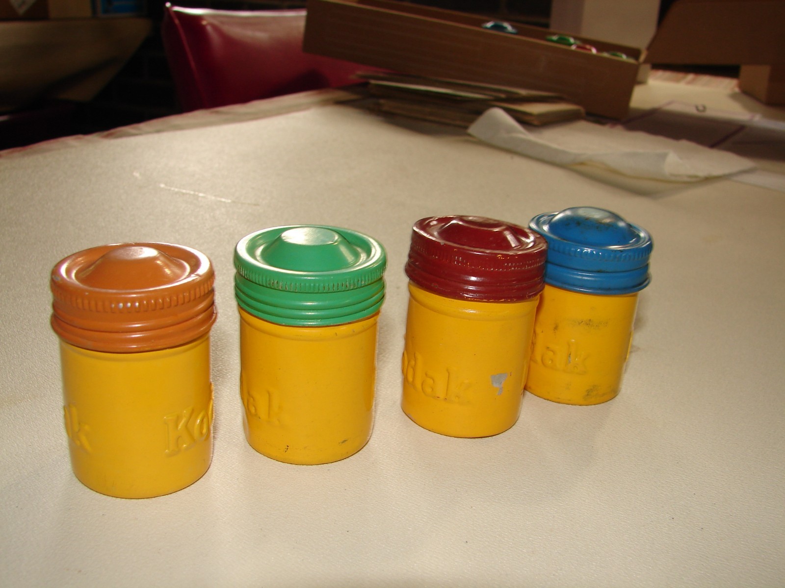 Kodak Metal Film Cannisters rare with Kodak embossed twice 4 yellow with diff co