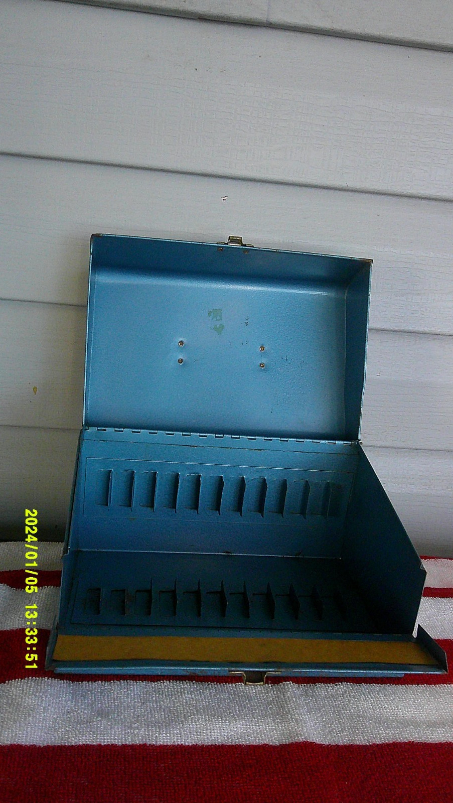 vintage blue metal film reel storage carrying case