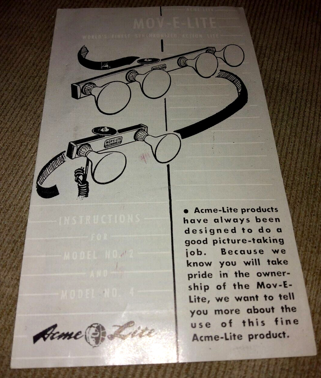 VINTAGE ACME LITE INSTRUCTIONS BOOKLET MOVIE CAMERA LIGHTING BAR 60s?
