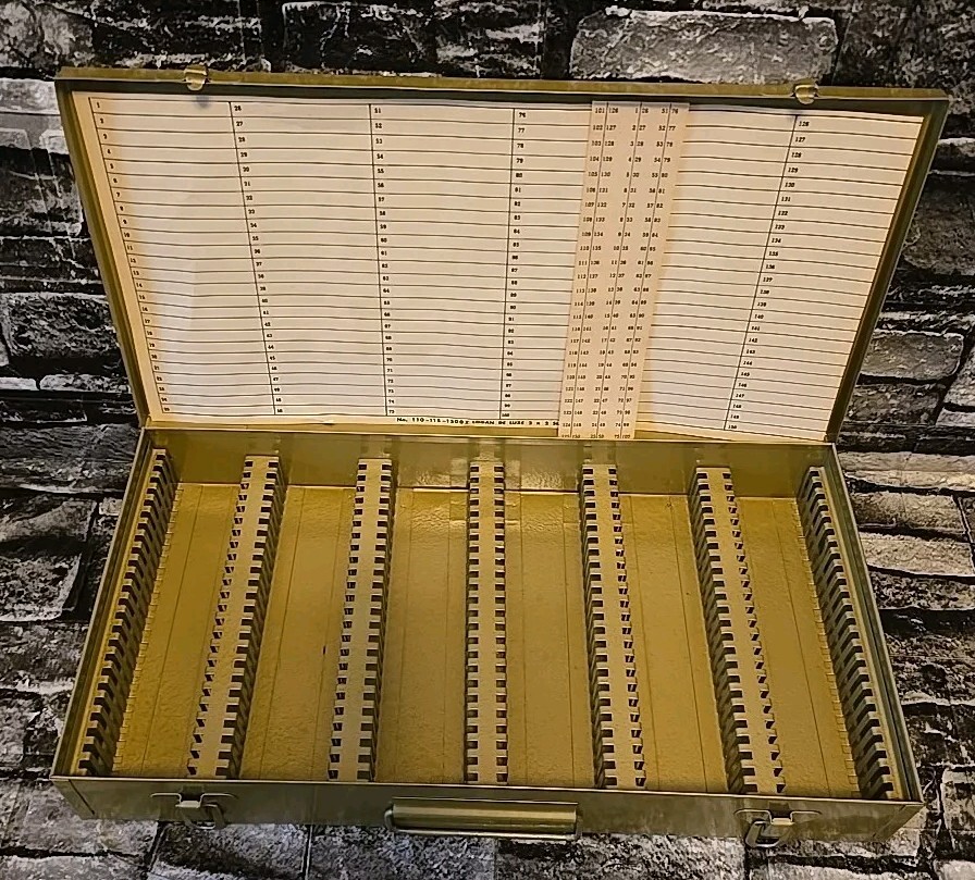 Vintage Logan Metal De Luxe 2 x 2 No. 110-115-1500I Slide File Box Gold