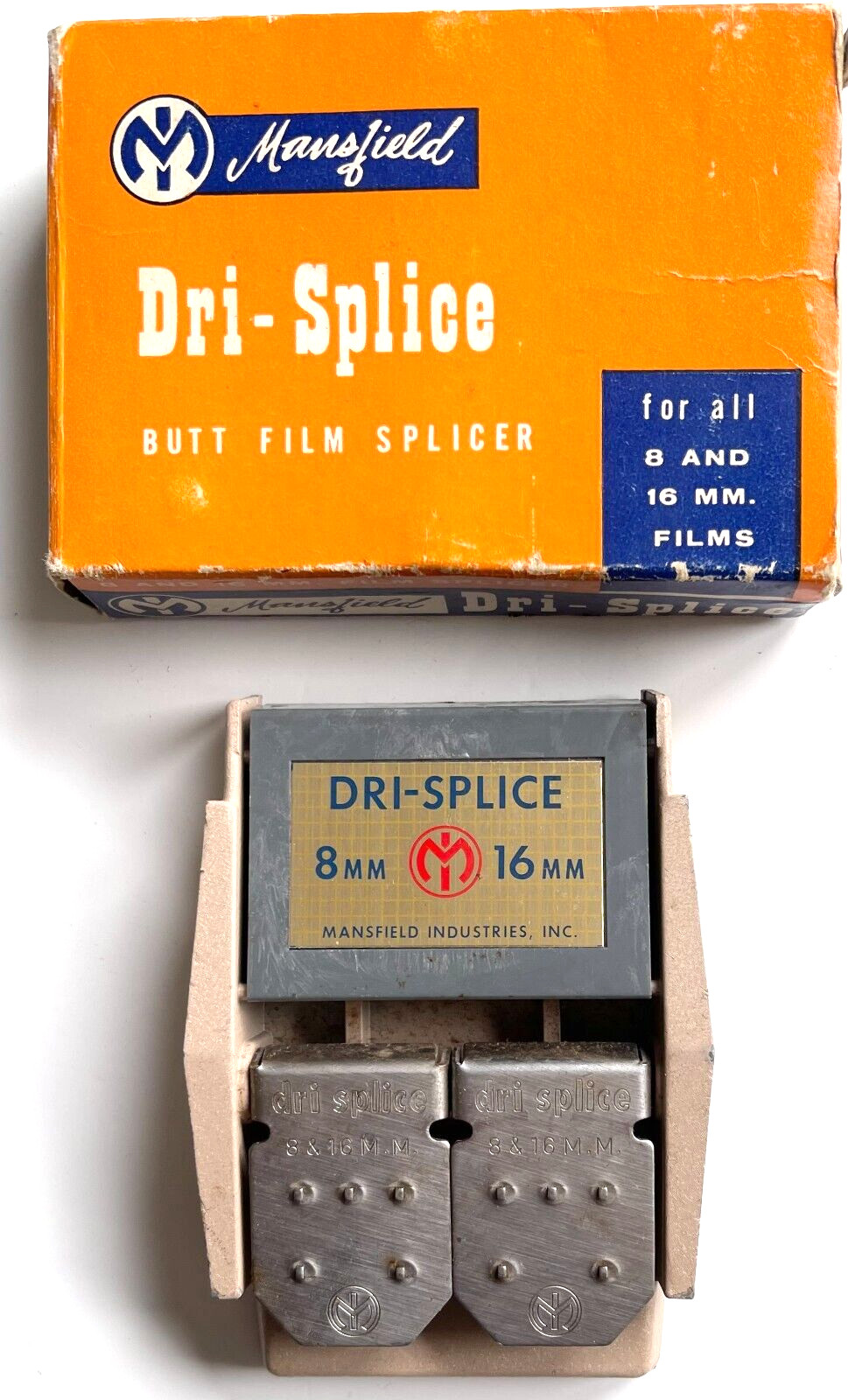 ORIGINAL VINTAGE MANSFIELD DRI-SPLICE 8mm & 16mm MOVIE FILM BUTT SPLICER IN BOX
