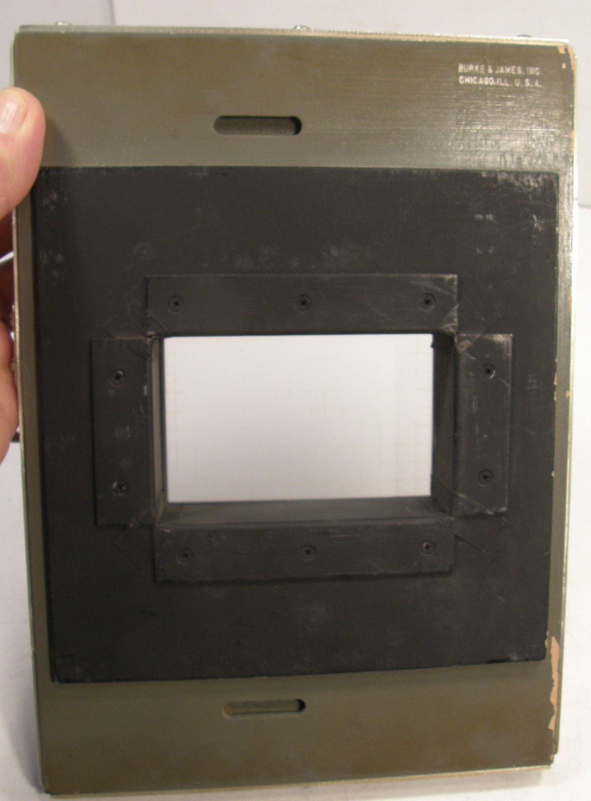VINTAGE BURKE & JAMES SLIDING BACK REDUCER 3 1/2″ X 4 3/4″ GROUND GLASS W/GRID