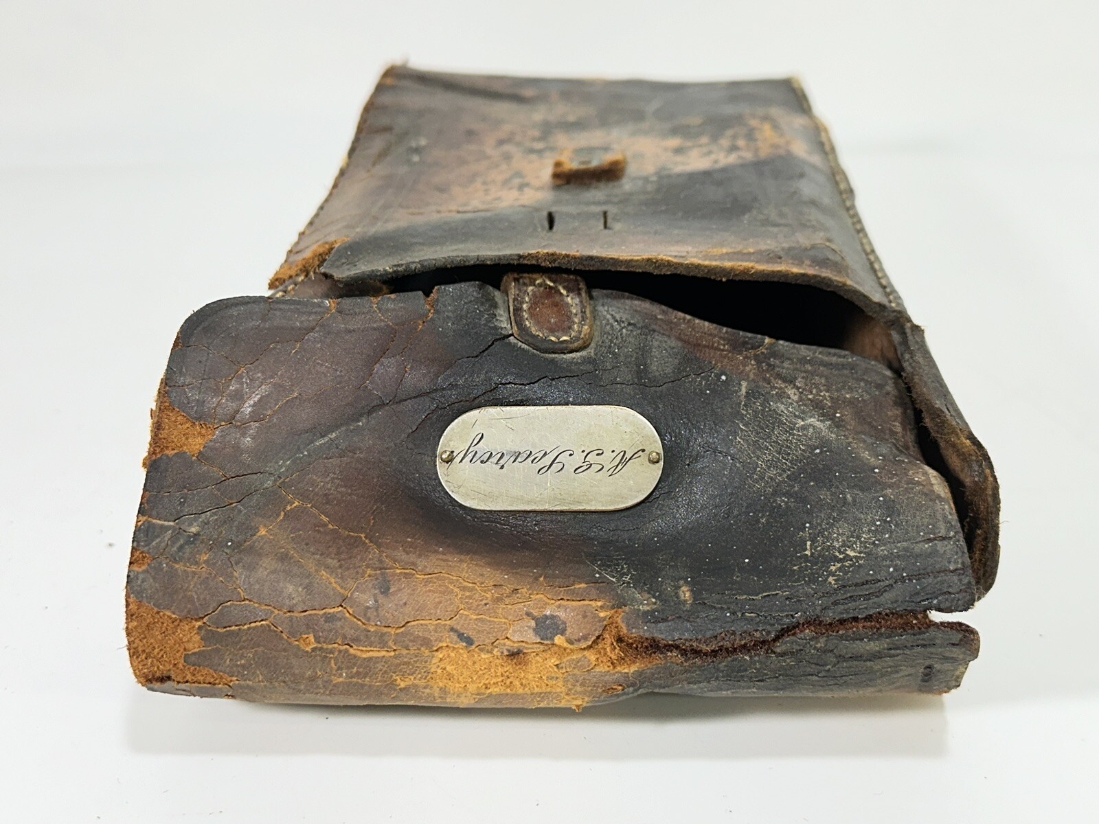 Antique Brown Hard Leather Case Bag for Folding Camera ~ Rough Condition