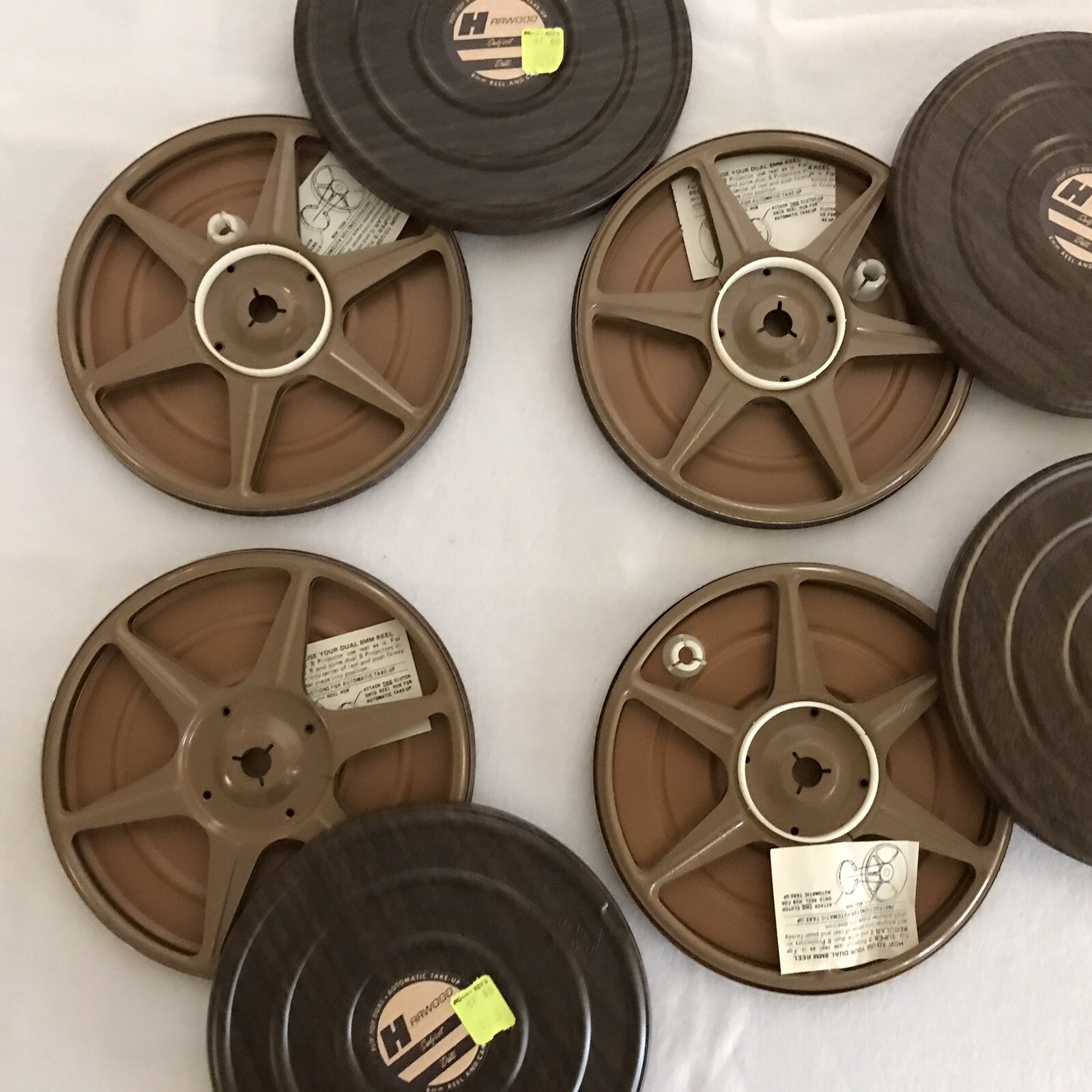 NOS Vintage Lot of 4 Harwood Flip Top Dual 8mm Metal Movie Reels and Cans 7″