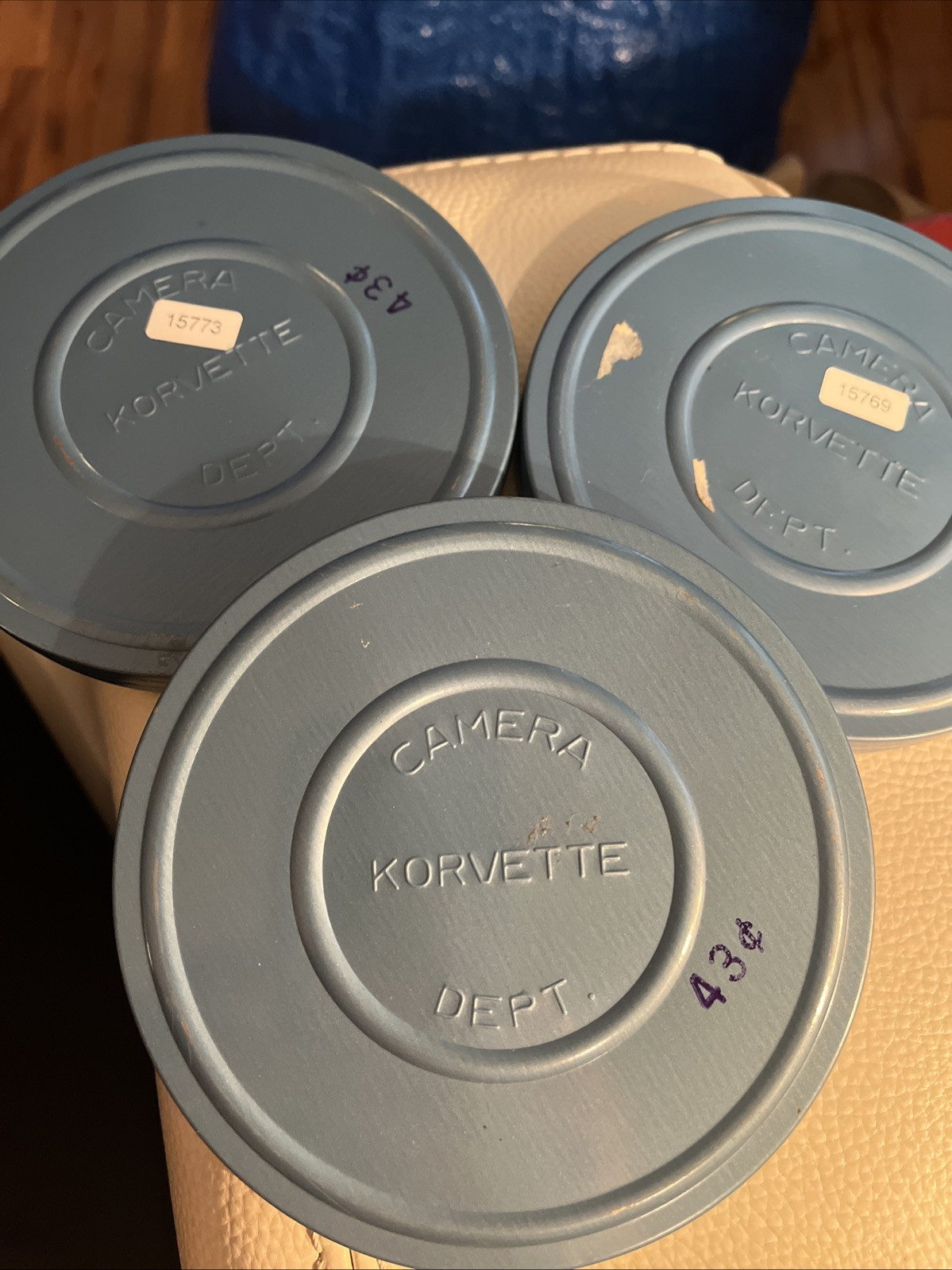 LOT OF 3 VTG Korvette Tin Camera Film Cases w/Metal Film Reels BLUE 5” NOS 8 mm