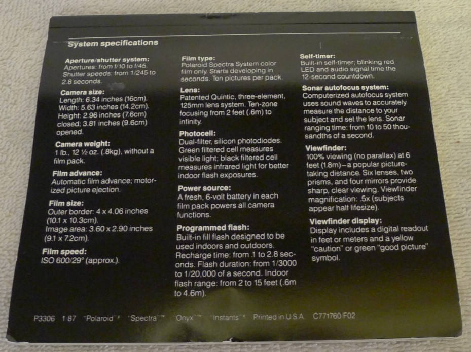Polaroid Spectra Onyx Black Hard Case AND Operating Owner’s Manual