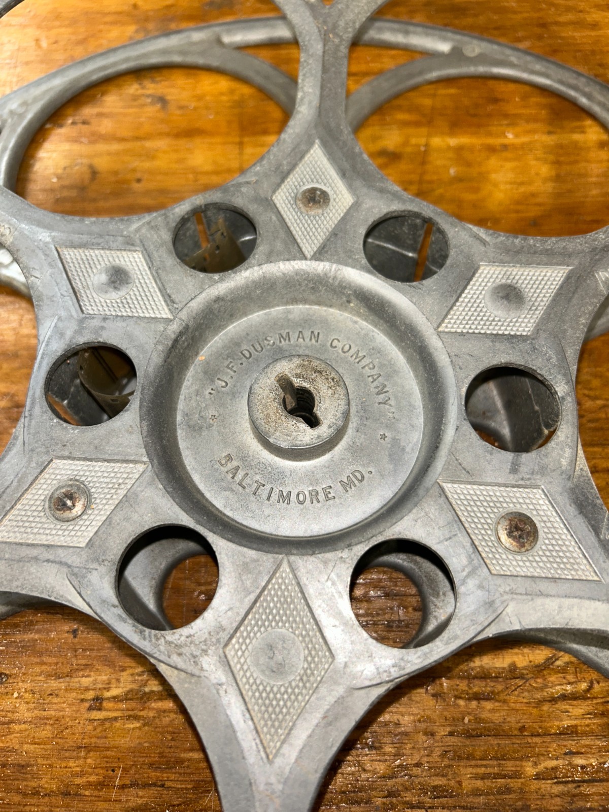 Vintage J. F. Dusman Co. Baltimore, MD. 15″ 35mm Aluminum 6-Hole Film Reel