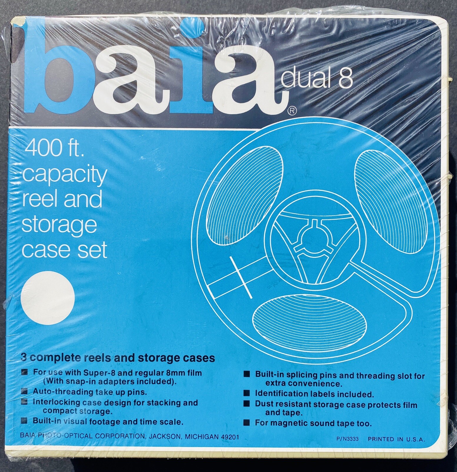 Vintage SEALED BAIA Dual 8 Set of 3 400 Ft. Capacity Reel & Storage Case RARE