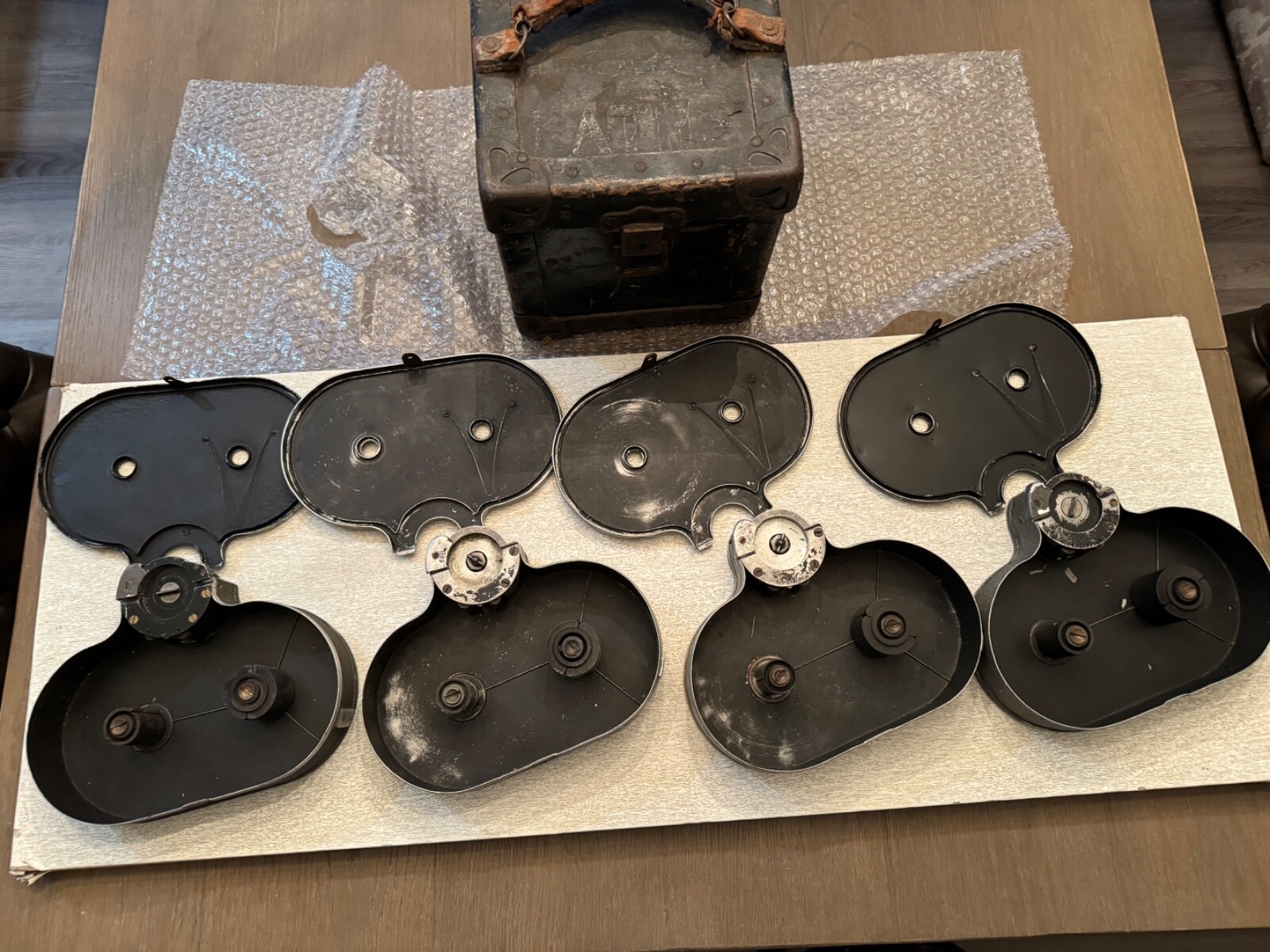 4 RARE ANTIQUE REEL FILM HOLDER WITH CASE