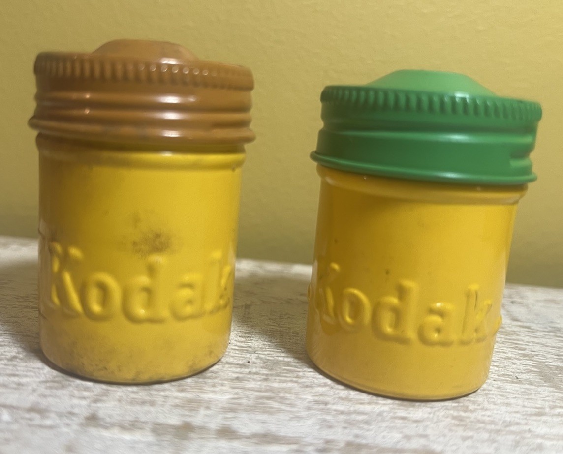 Vintage 2 Kodak Film Metal Canister Container Green Cap Embossed 35mm 1 W/ Film