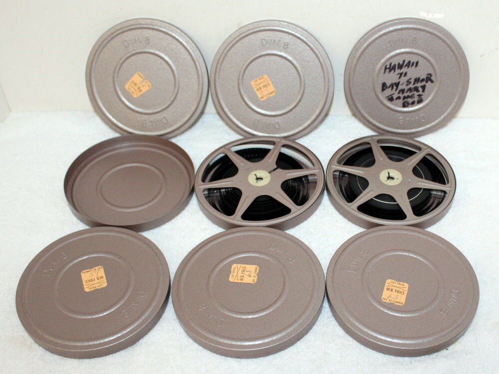 6 Vintage 5″ Dual 8 Metal Film Reel Cans + 2 Films ~ Hawaii Family Vacation