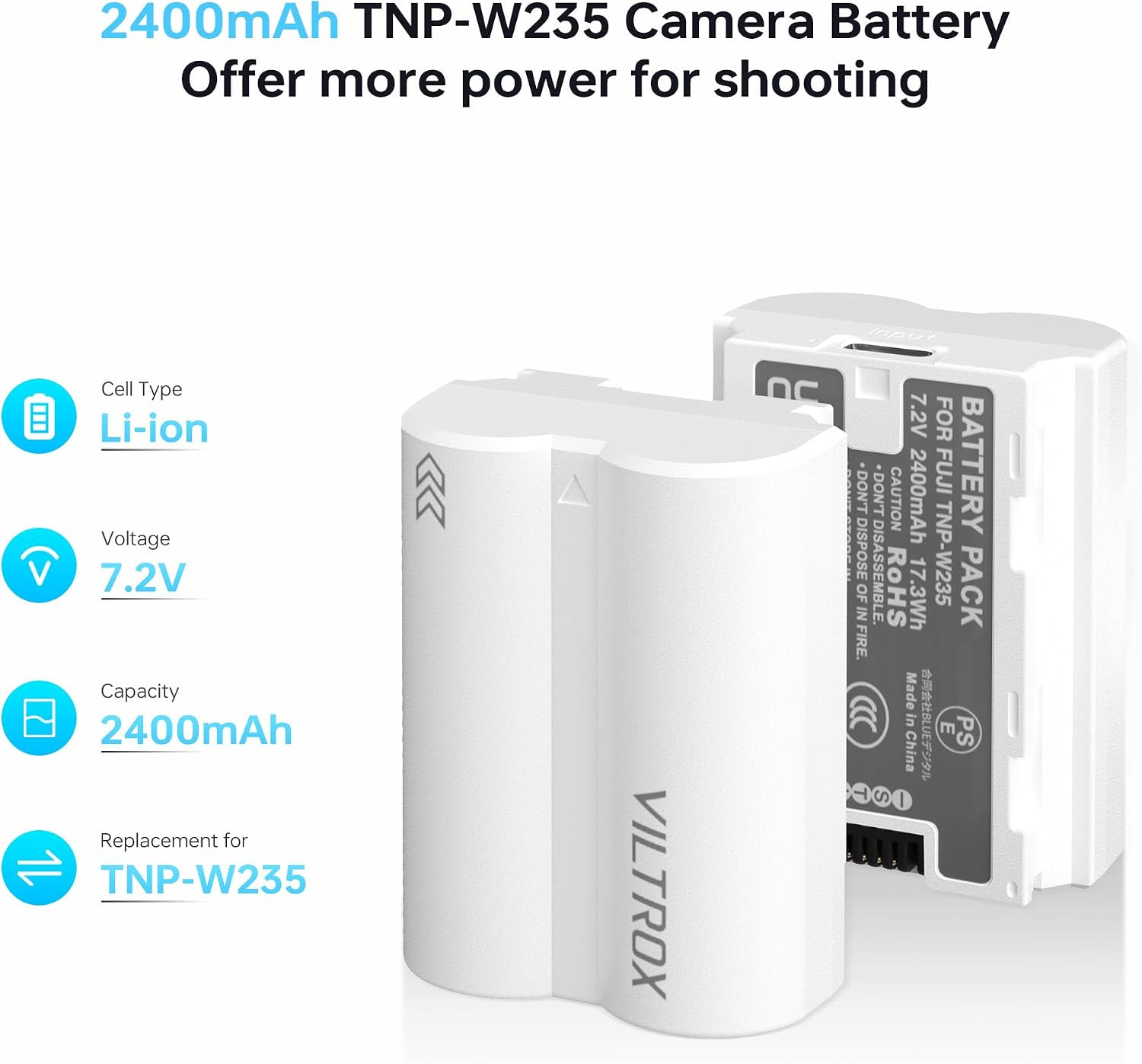 2 Pack NP-W235 2400Mah USB-C Replacement Camera Battery Type-C 2.5H Fast Chargin