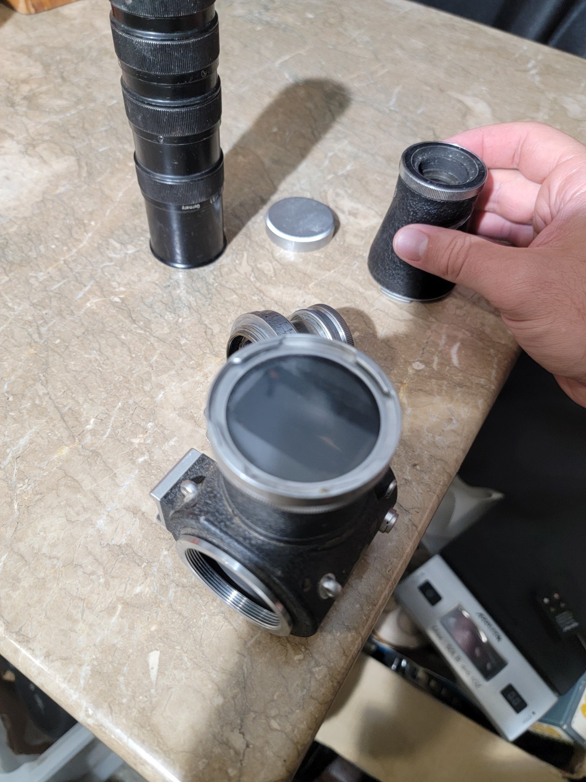 Leitz Wetzlar Microscope Camera Adapter w/ Summar Elmar 5cm Macro Lenses
