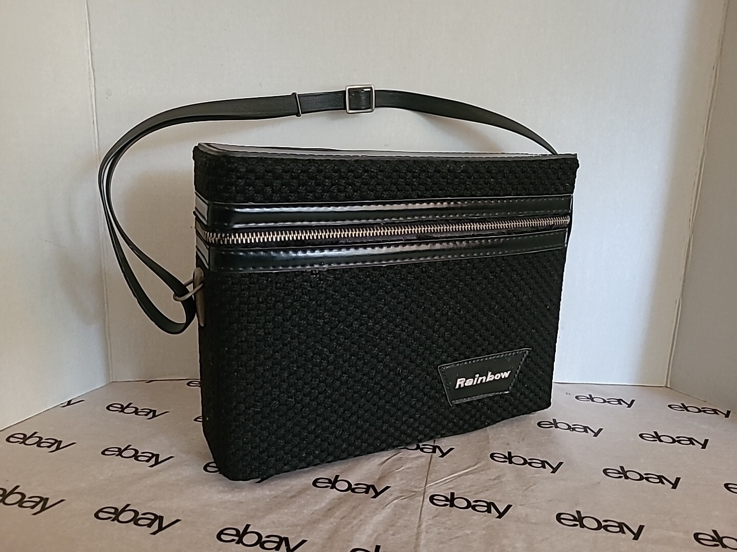 Zippered Camera Accessory Case 1950’s Black Box Bag with carrying strap Rainbow
