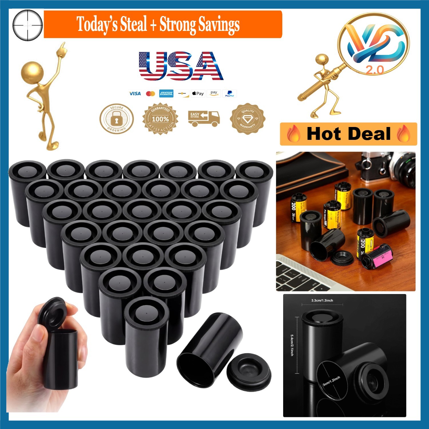 30 pcs Black Plastic Film Canister Holders, 35mm Storage Containers