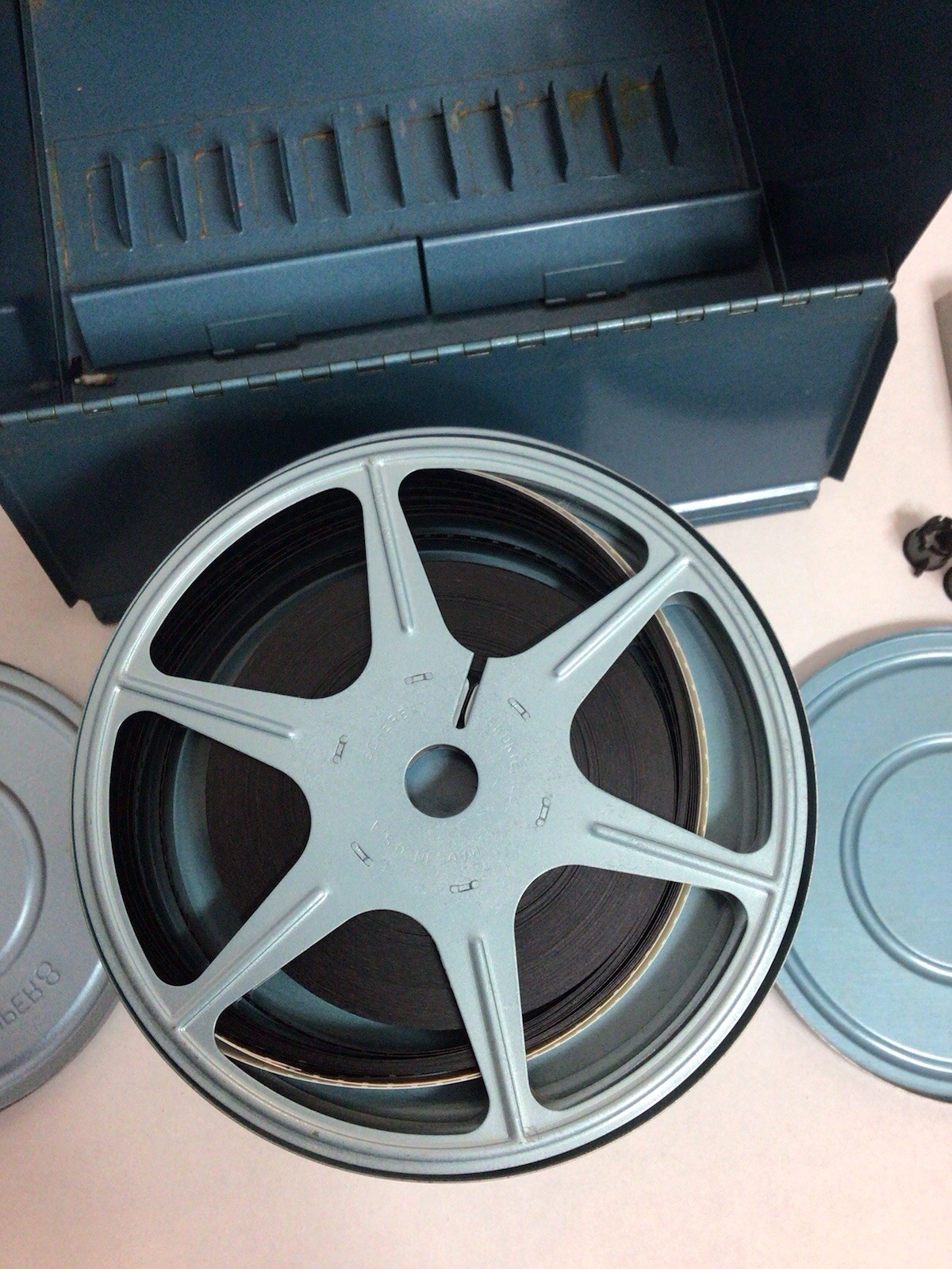 Vintage Logan Deluxe Movie Reel Chest, Blue Metal Holder 12 Canisters 8mm Super8