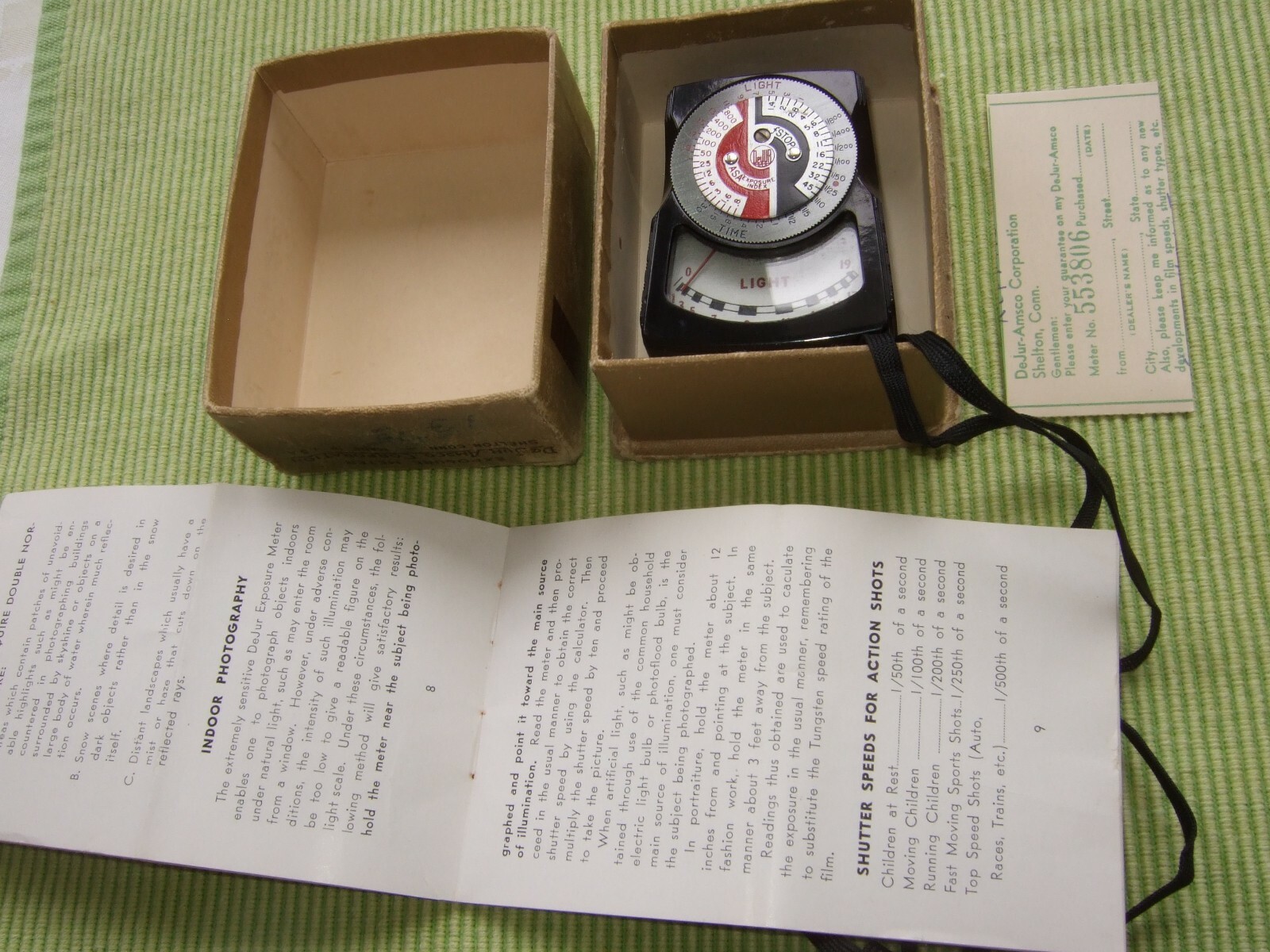 Vintage DeJur Exposure Meter with Strap ~ Made in USA Box Instruction Book 5B