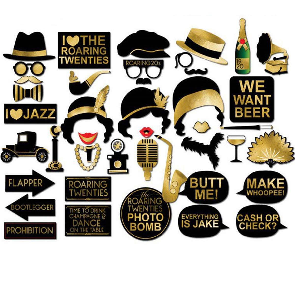 Roaring 1920’s Party Photo Booth Props 42pcs, Twenties Jazz 1920s Gold