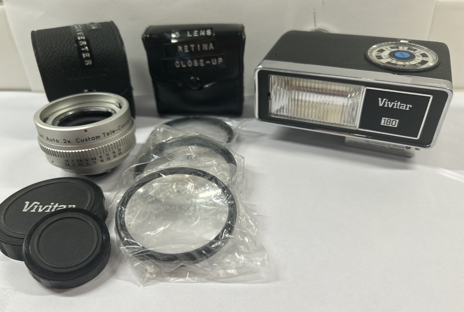 VIVITAR LOT-Auto 2X Tele-Converter #2X-18;Close Up 58mm (3) Lens #1-3;Flash #180