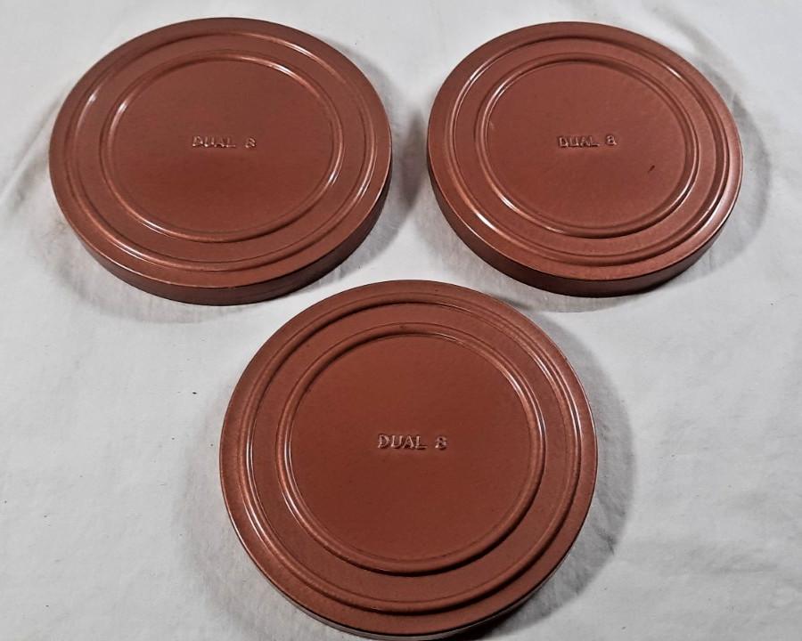 NOS Lot of 3 Dual 8mm Film Canisters & Take Up Reels Metal, copper colored.