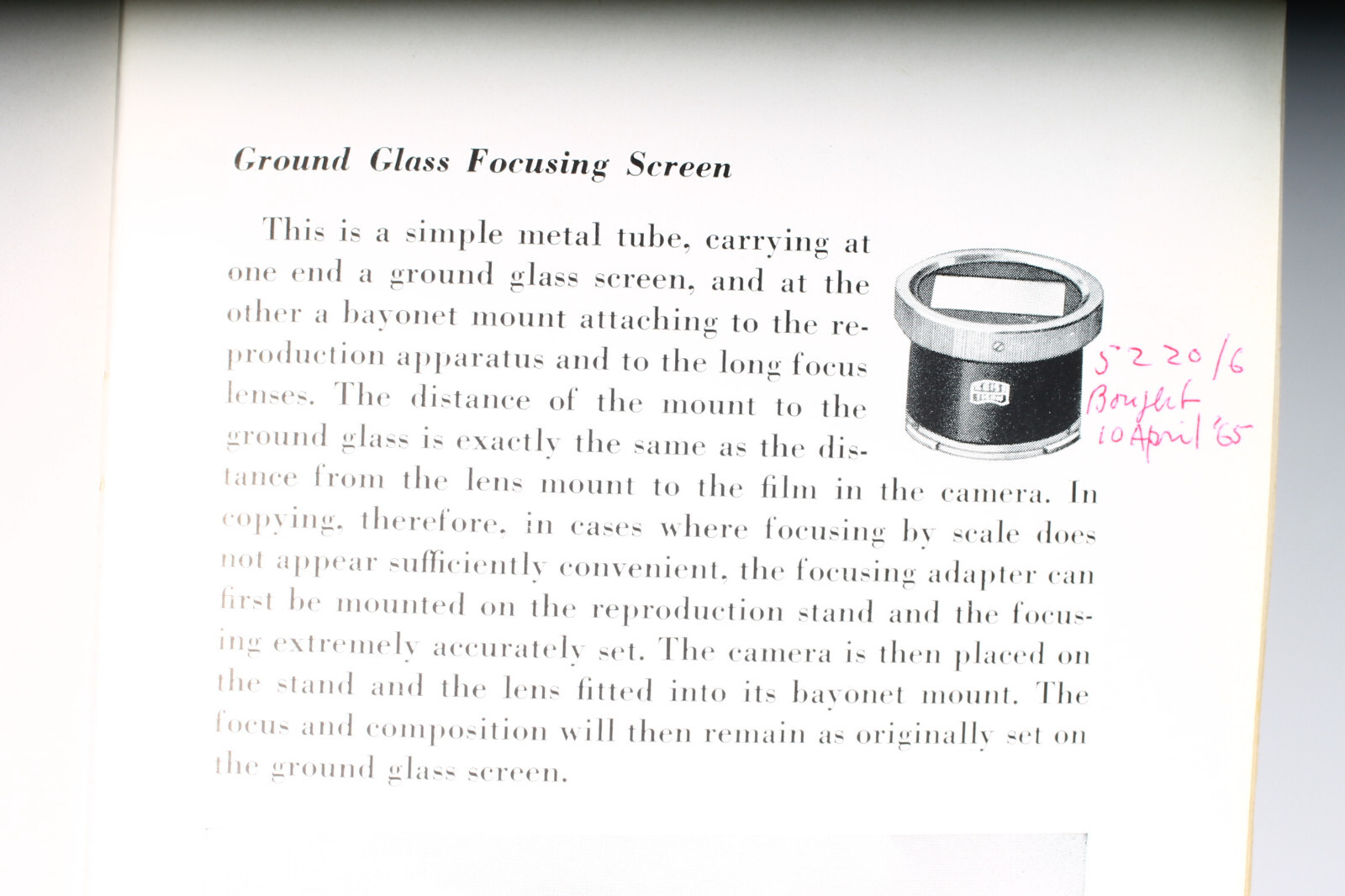 ZEISS CLOSEUP MOUNT WITH FOCUSING SCREEN FOR CONTAX RANGEFINDER LENSES