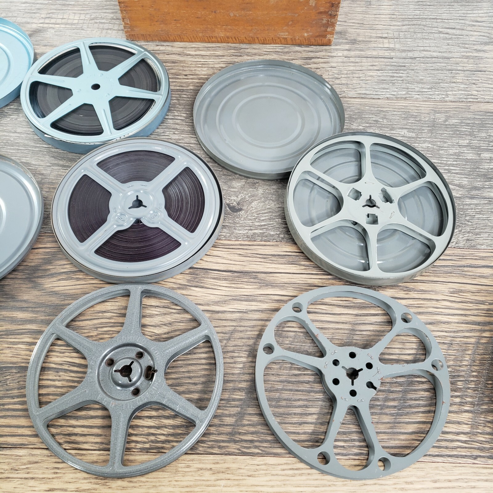 NEGA FILE 8 MM Lot Castle Film Reel to Reel Tins Genuine Wood Box Case Vintage
