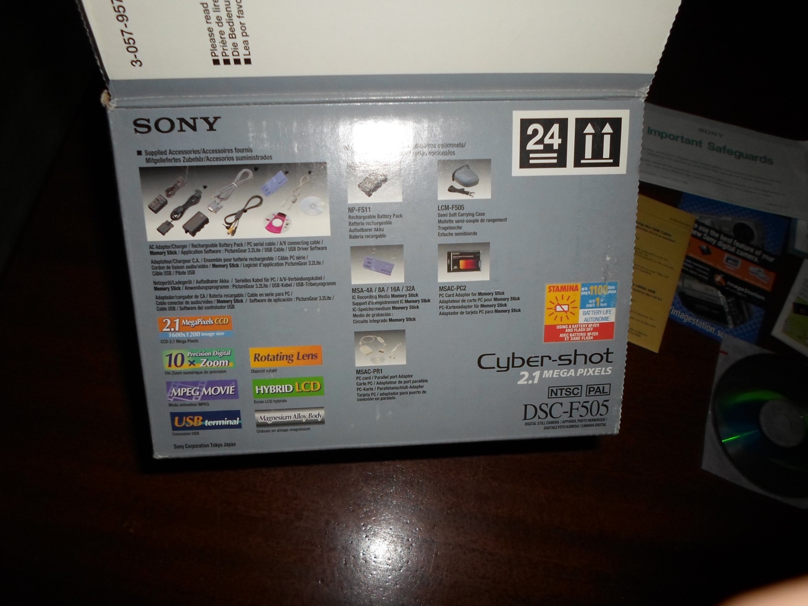 BOX – PAPERWORK – accessories ONLY – for Sony Cybershot DSC-F505 – lens cap, CD