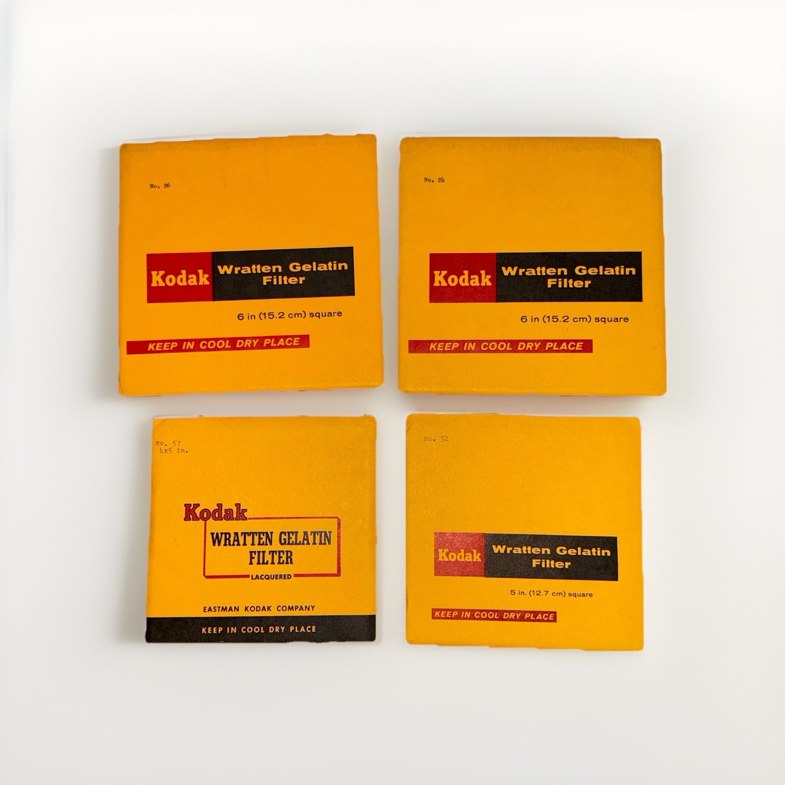 4 Sealed Kodak Wratten Gelatin Filters – Nos. 26, 24, 52 (5”), 57 (4.25”) Rare