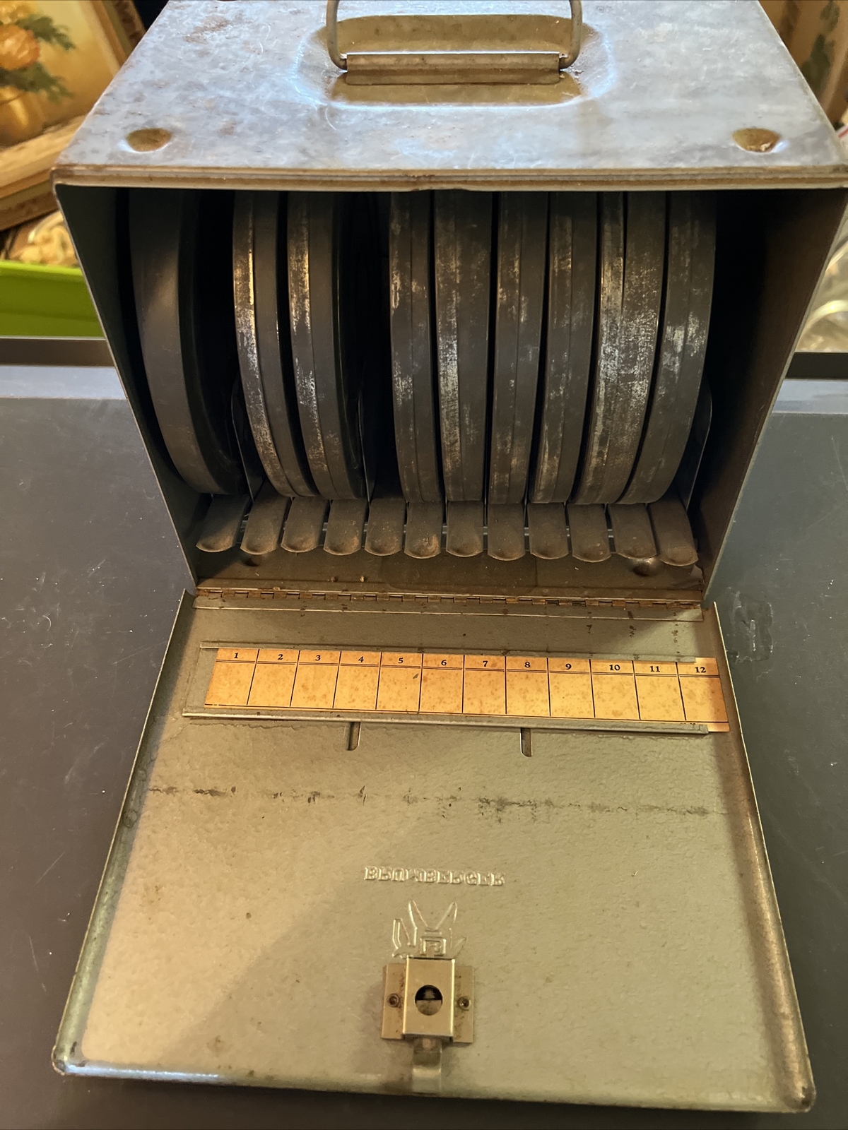 BRUMBERGER gray metal 12 SLOT FILM REEL STORAGE carrying case With 9 Reels