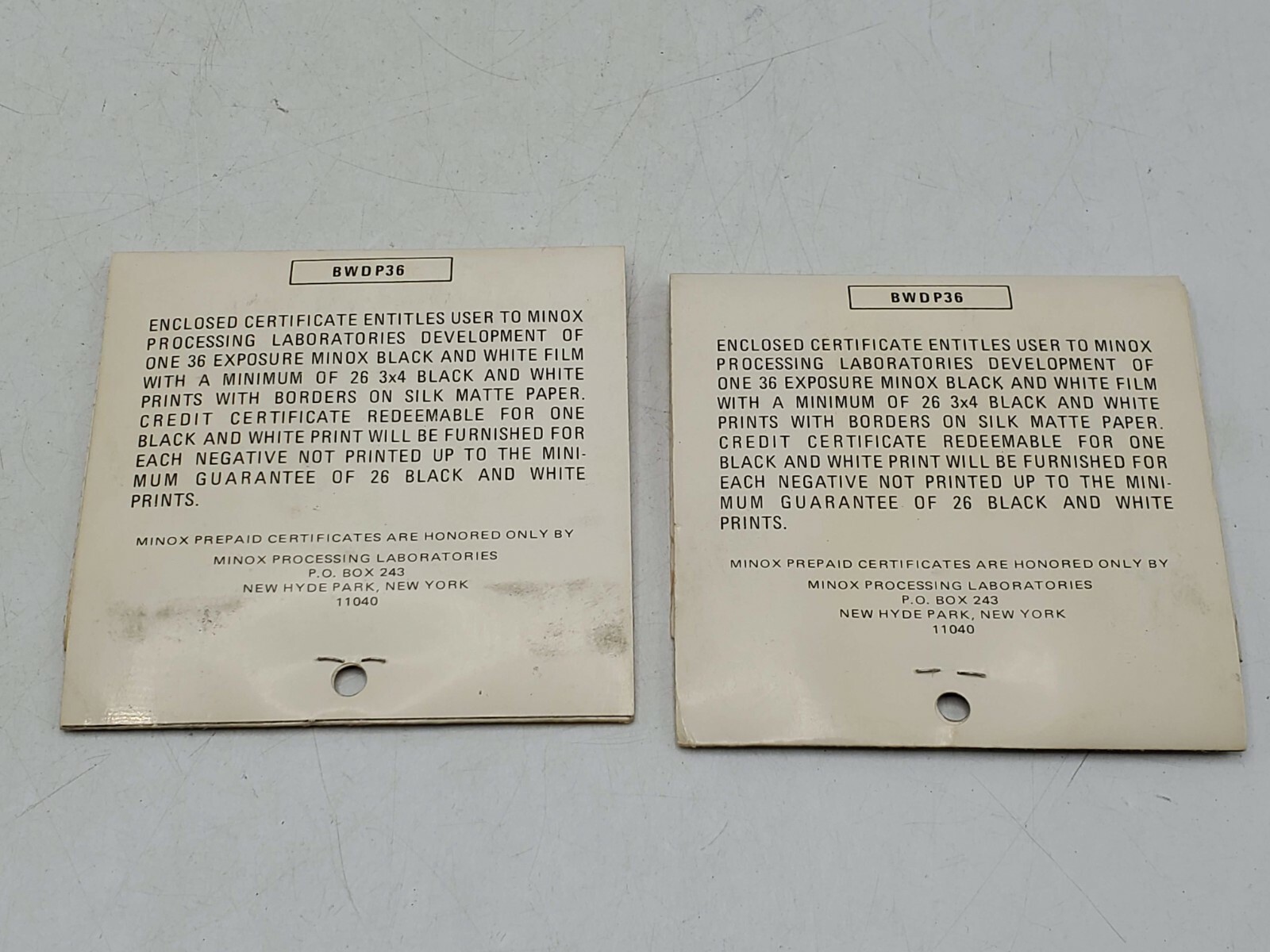 Minox Prepaid Film Developing & Printing Certificates for Black White Exposures