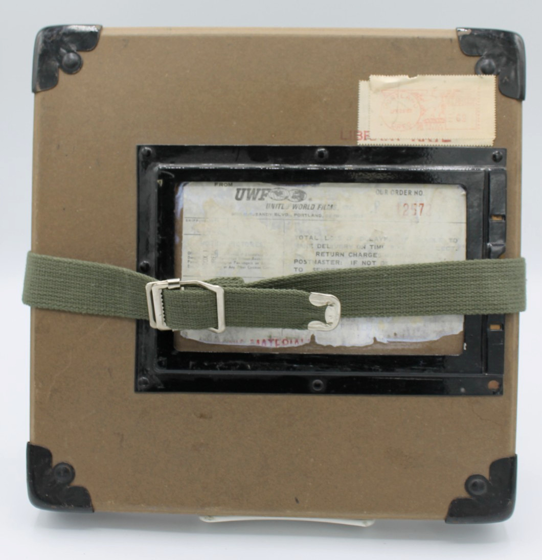 Vintage Film Reel Shipping Box – mfg. WM Schuessler – Fiberboard w/ Strap