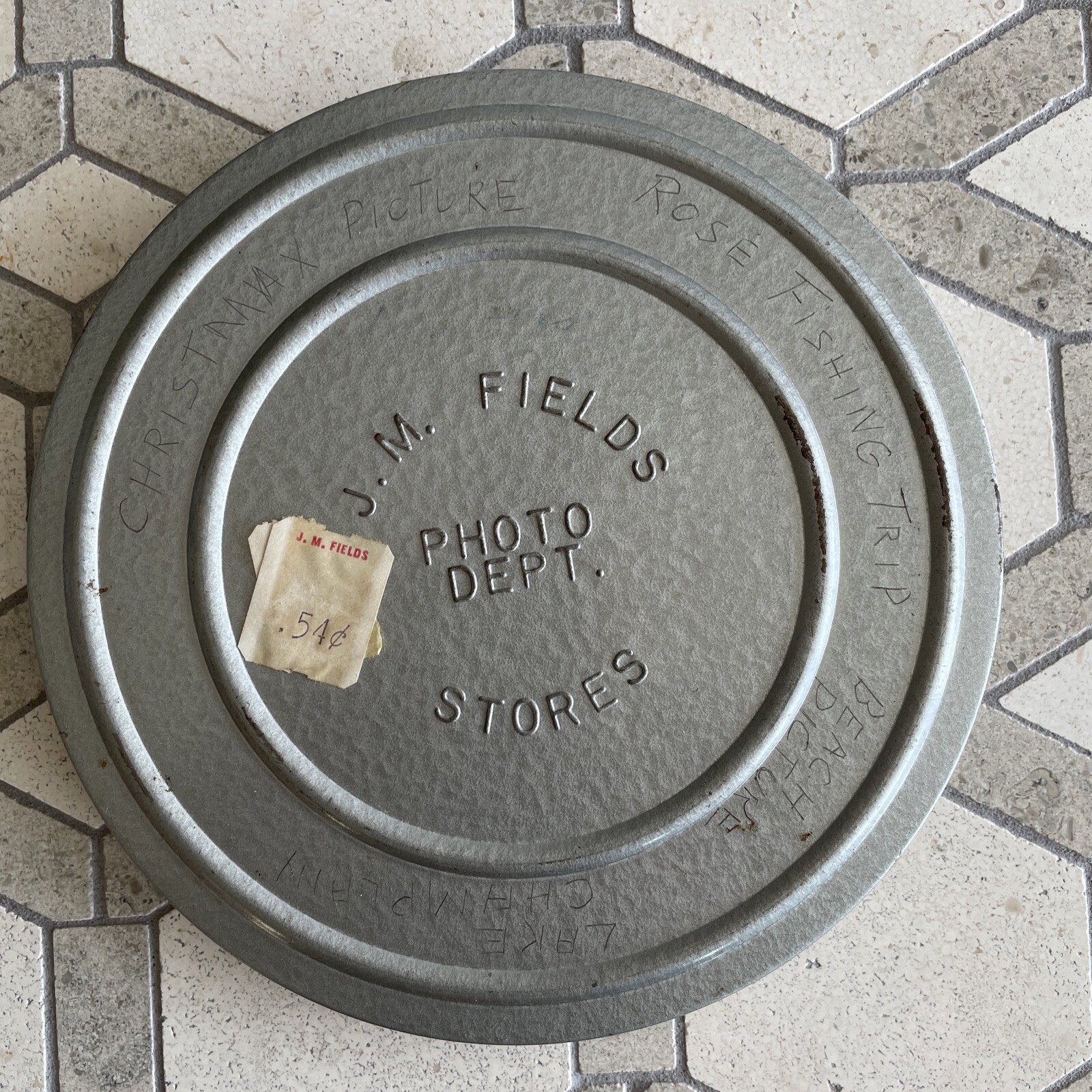 Vintage JM Fields Photo Dept Metal Canister for 5in 8mm Film Reel Storage