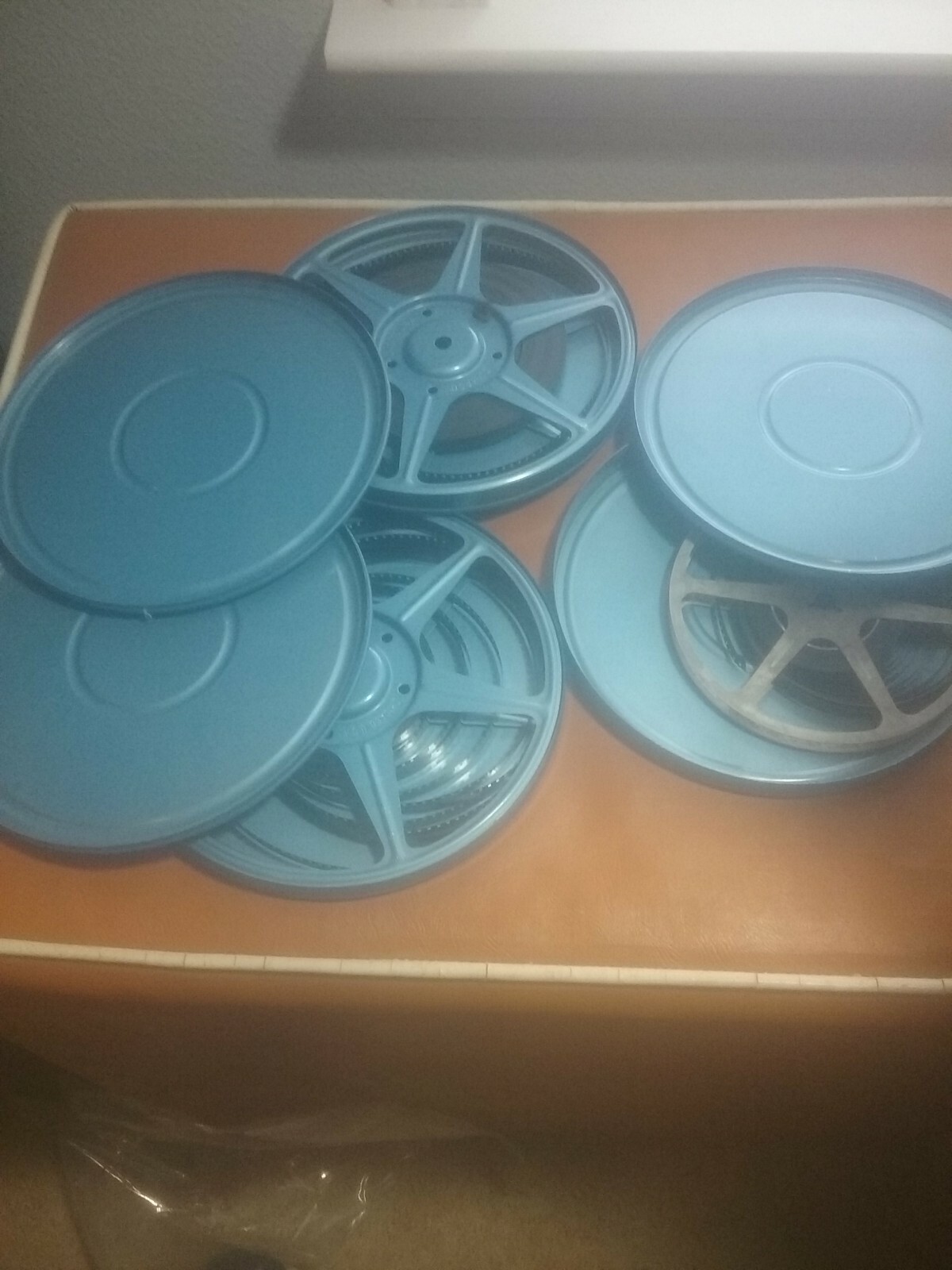 Vintage Compco 7″ Reelane Metal Film Reel 8mm Lot of 3 AQUA Blue Green with film