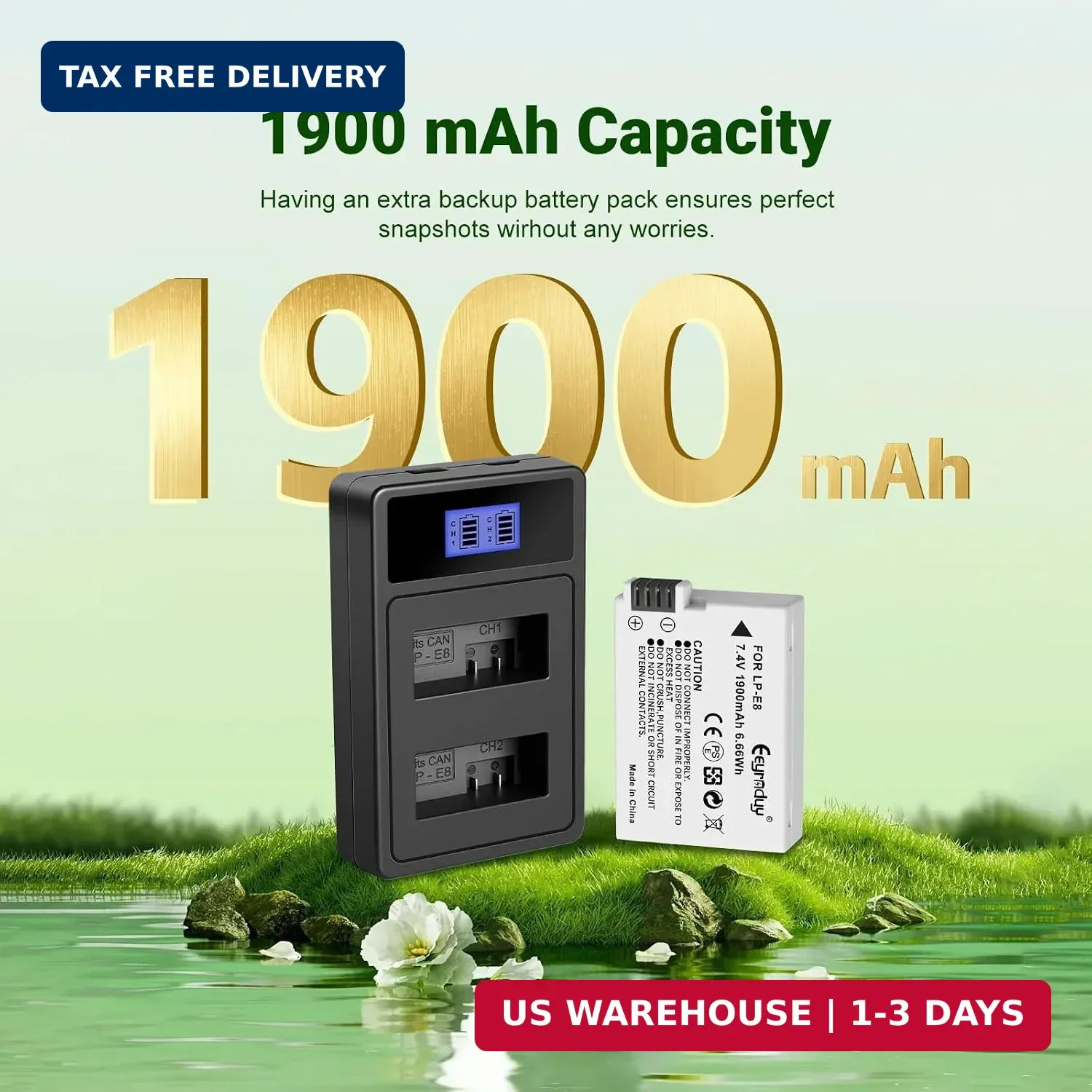 Eeynduy LP-E8 Batteries 2-Pack and Battery Charger for Canon EOS Rebel T2i, T3i,