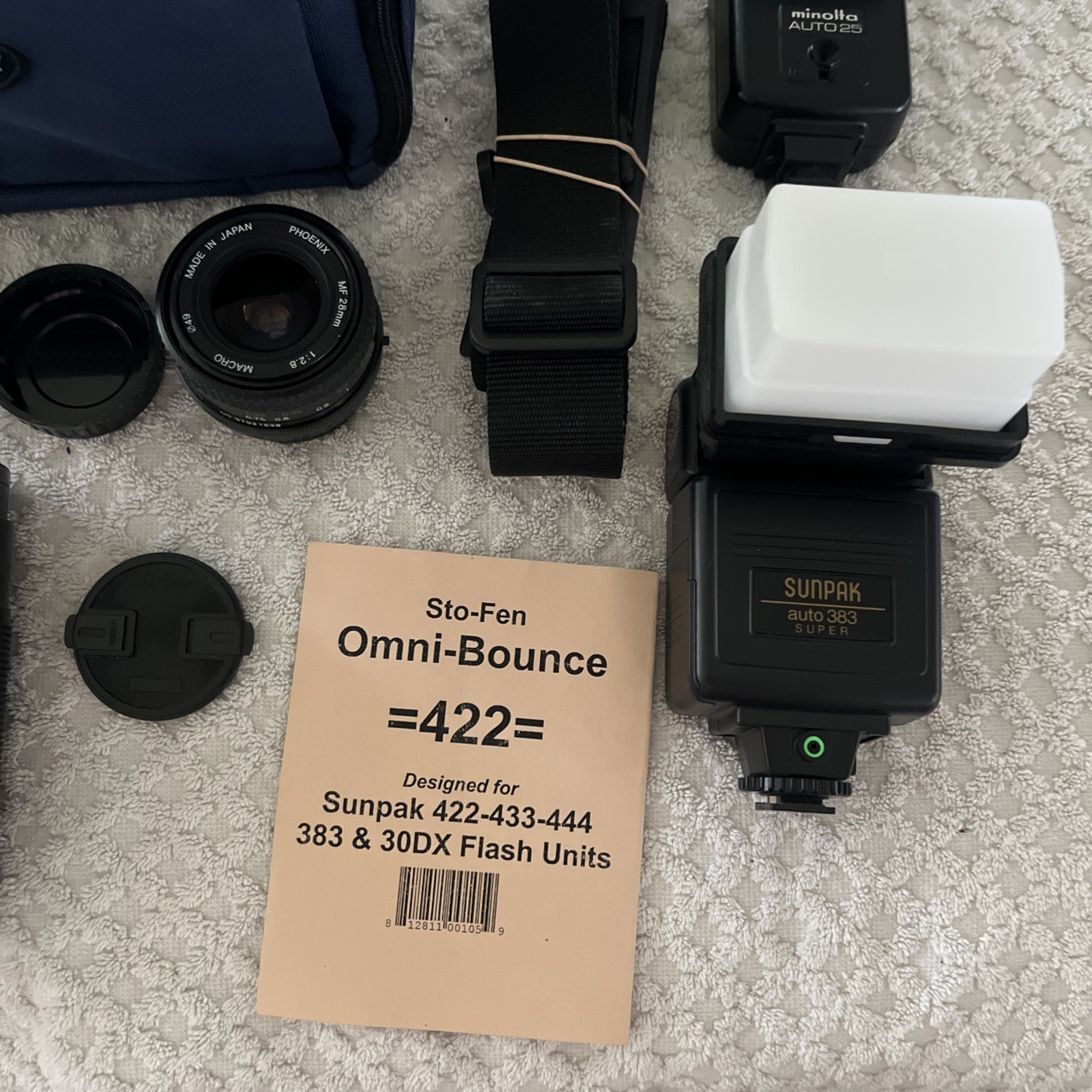 Lot Of 5 Camera Lenses & Flashes • Olympus, Monolta, Sun Pack, Telesor , Phoenix