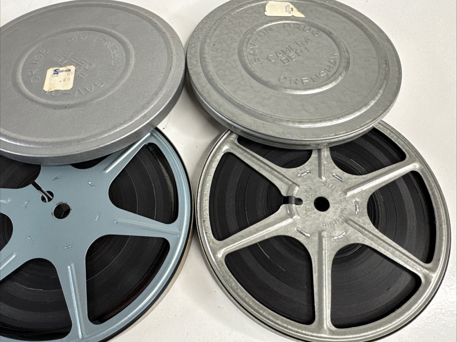 3 Vintage 5″ 8MM Kenco Scherer Metal Film Canisters And Full Used Reels USA MADE