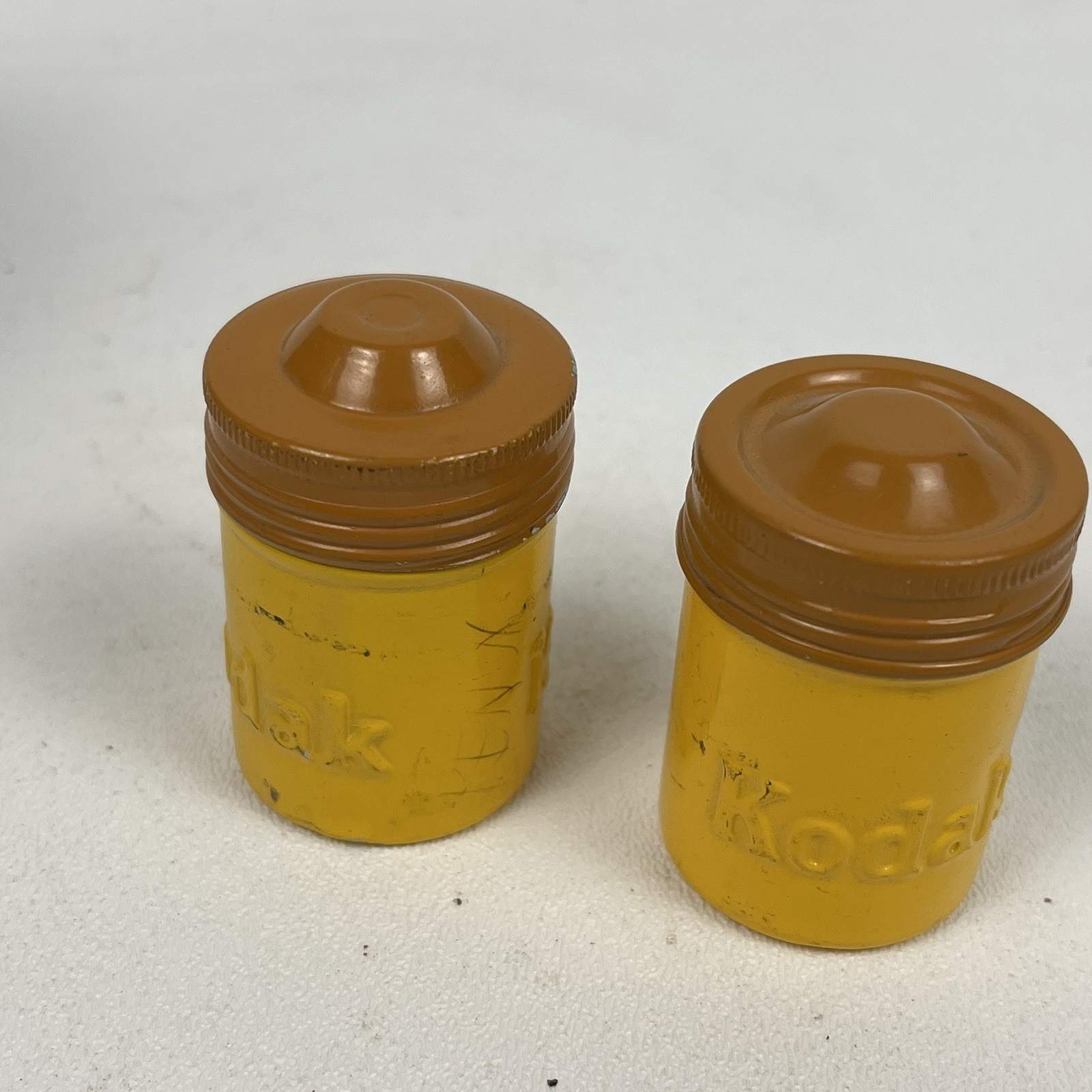 Vintage Kodak 35mm Aluminum Film Canister Screw Lid Yellow Tan Pair
