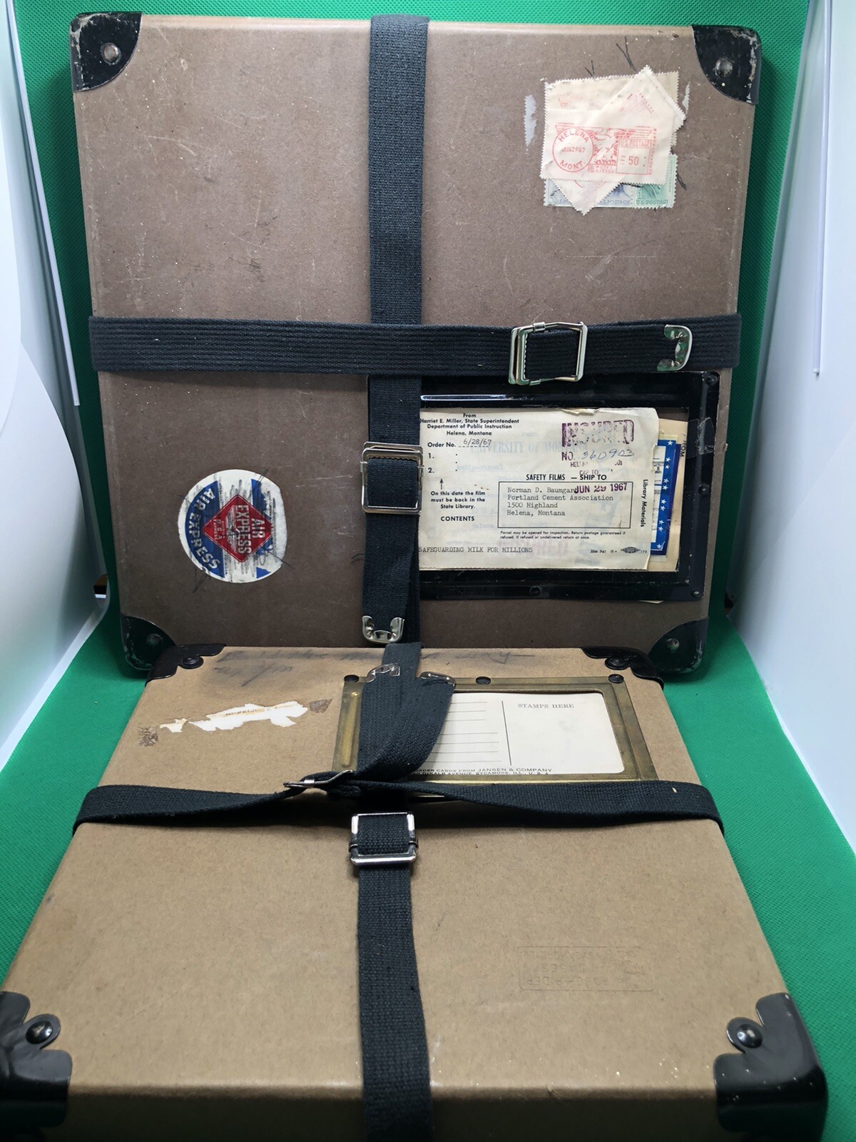 Pair Vintage Film Reel Cases Rough Rider Fiber Shipping Boxes w/ Straps