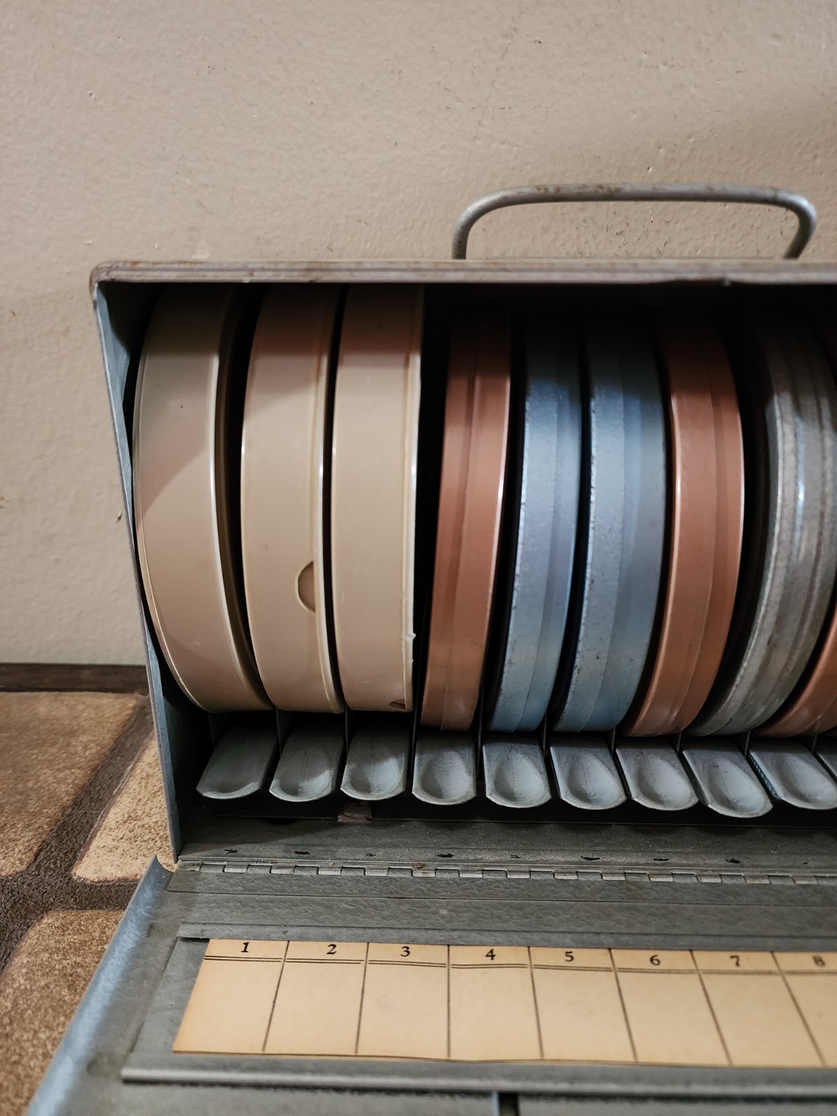 Brumberger 8mm 5″ 12 Reel Film Storage Cabinet Case W/ Reels, Cans, & Films READ