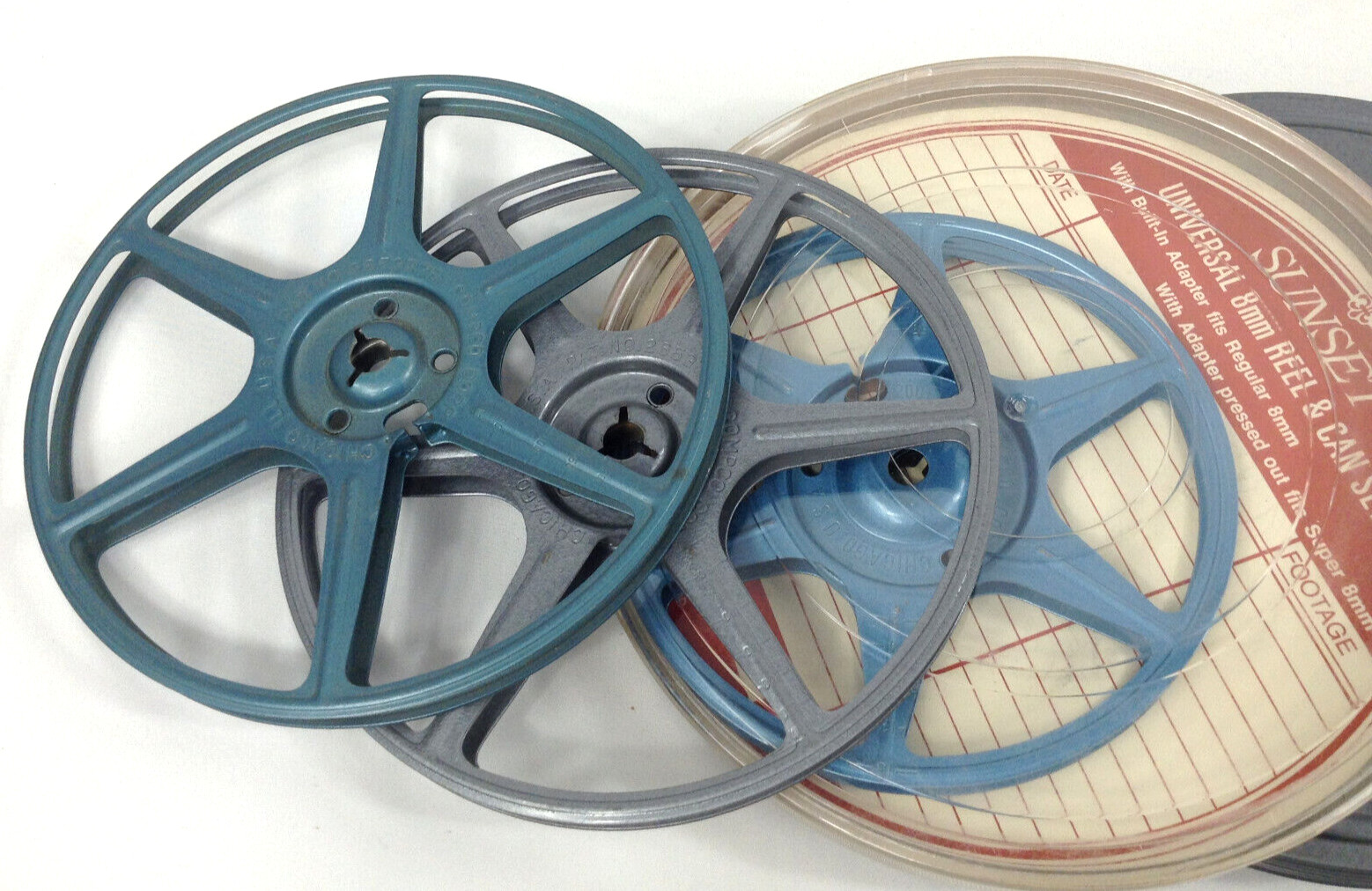 8mm Movie Metal Reel Lot of 6 reels 7″, 6″, 5″ with 4 Cases | Compco Corp, Kenco