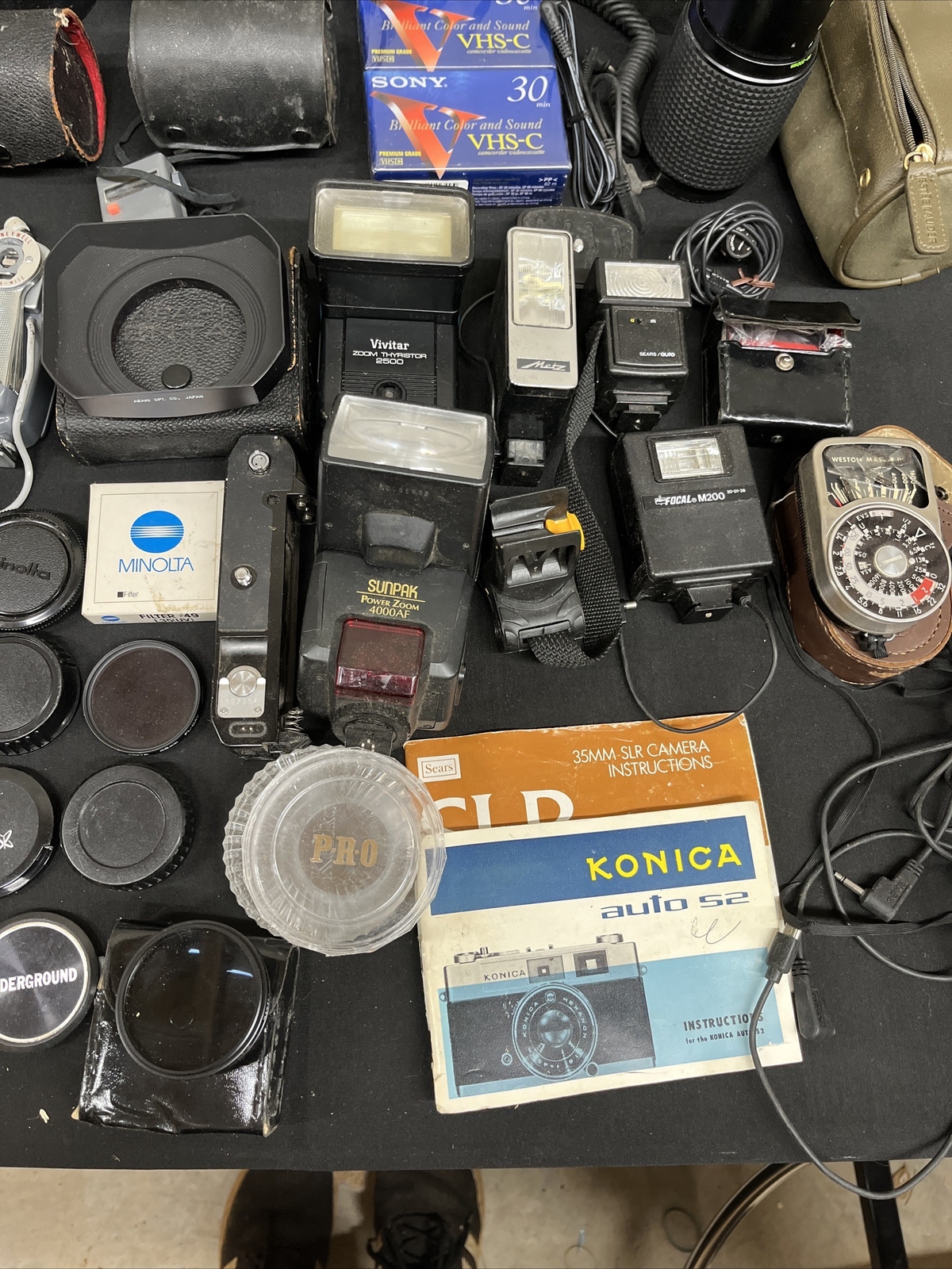 Vintage Lot Of Camera Accessories, Lenses, And Flashes