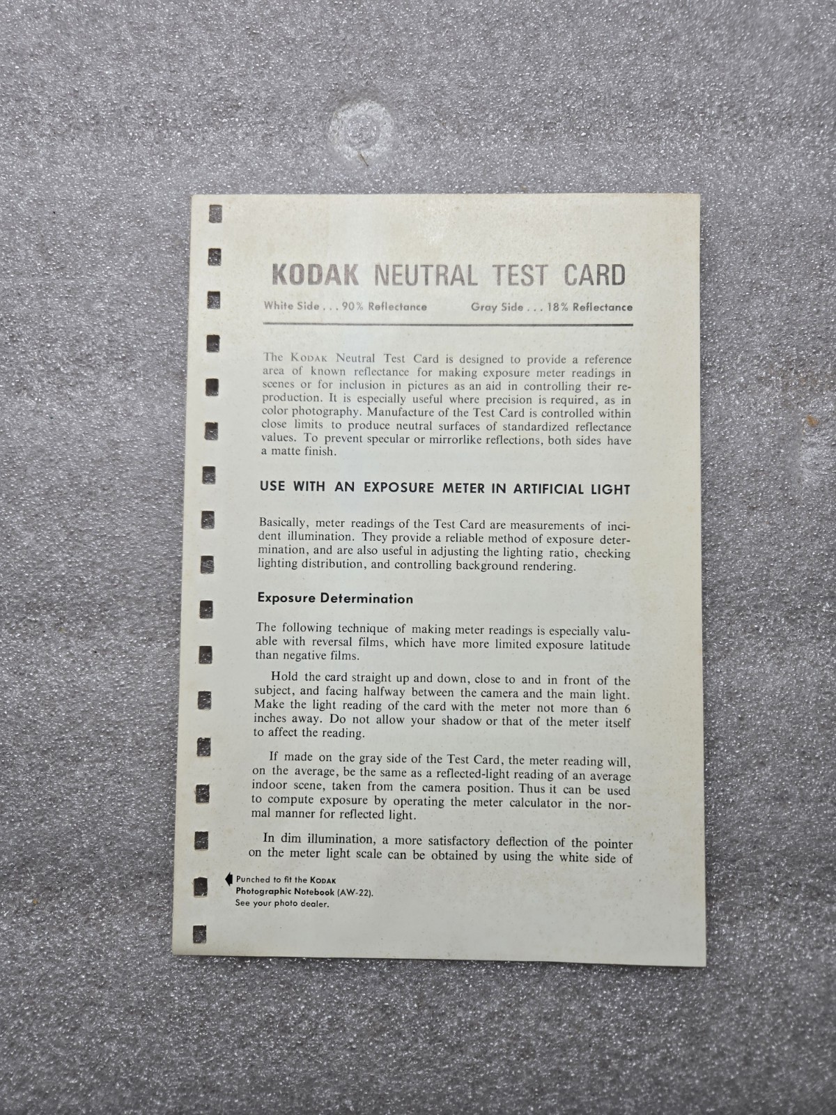 Vintage 1974 Kodak Neutral Test Card Cat 152 7995 4 Card & Complete Instructions