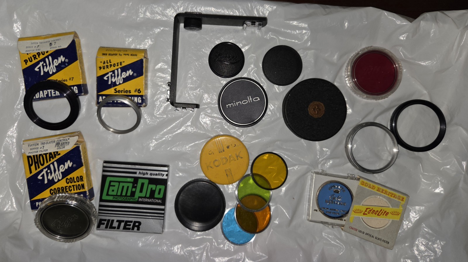 Lot Of Vintage Camera Accessories: Filters, Lens Caps, Adapters, Bracket