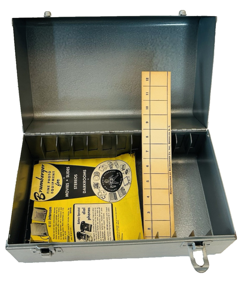Vtg Brumberger Metal Film Reel Case Chest W/ 5 Scherer Reels & 5 Wards Cans USA