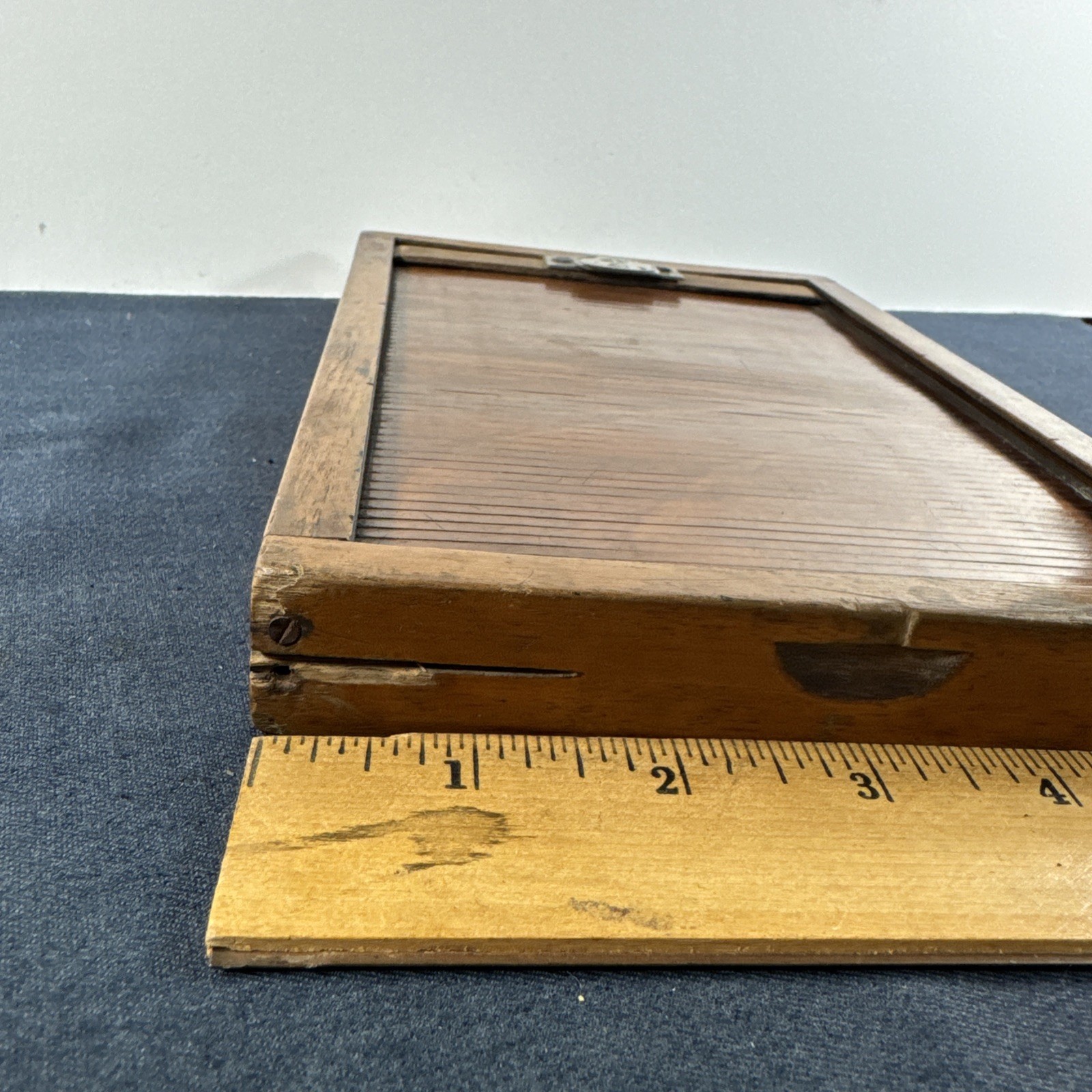 Rare Wooden 5x7in Glass Plate Double Sided Tambour Style Roller Blind Slide