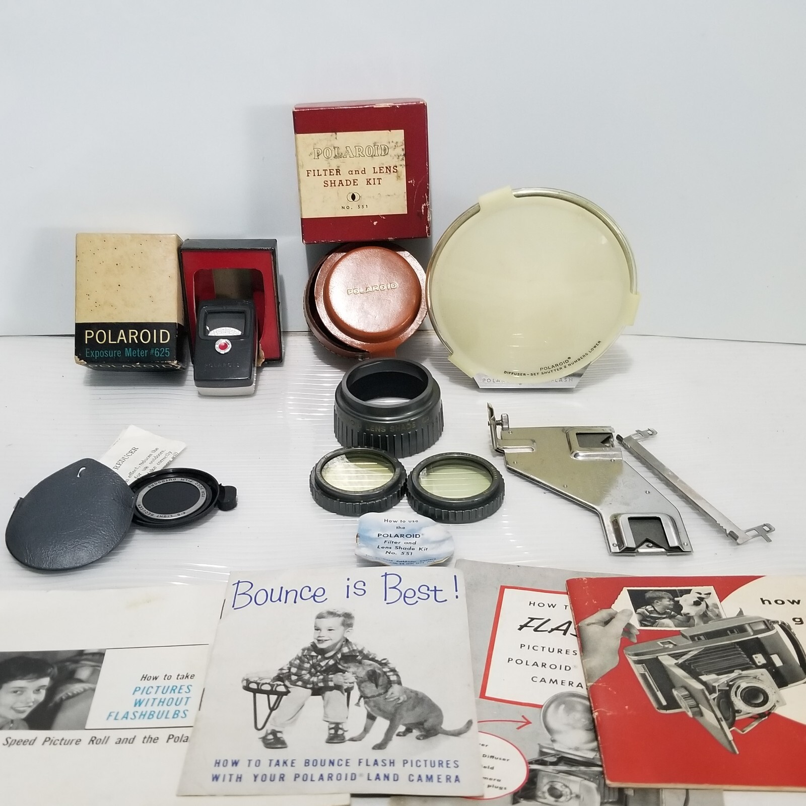 Vintage Polaroid Camera Accessories Lens Lot Meter Flash Etc.