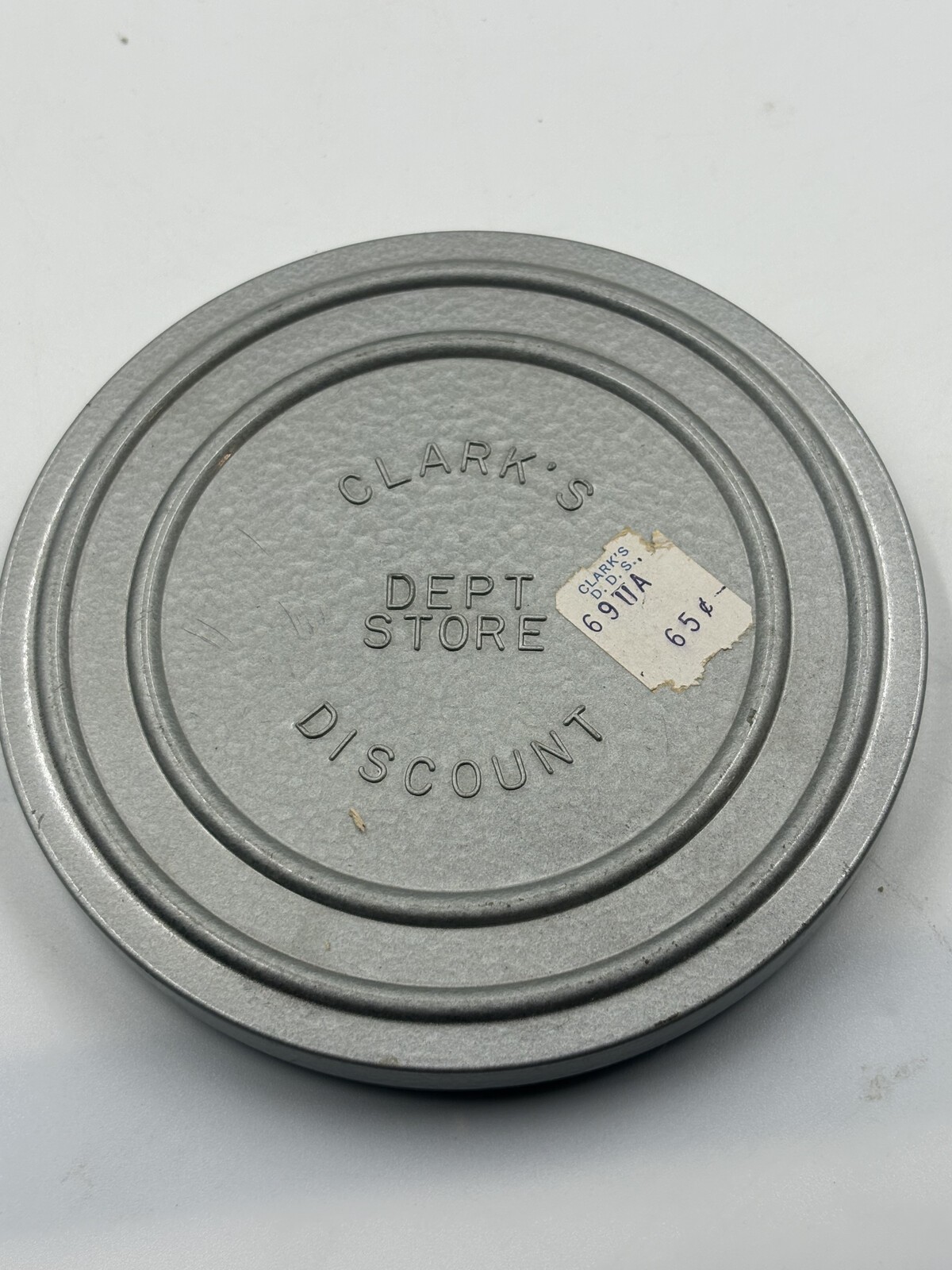 Vintage 5″ 8mm Metal Movie Film Reel & Can Clark’s Dept Store Sticker