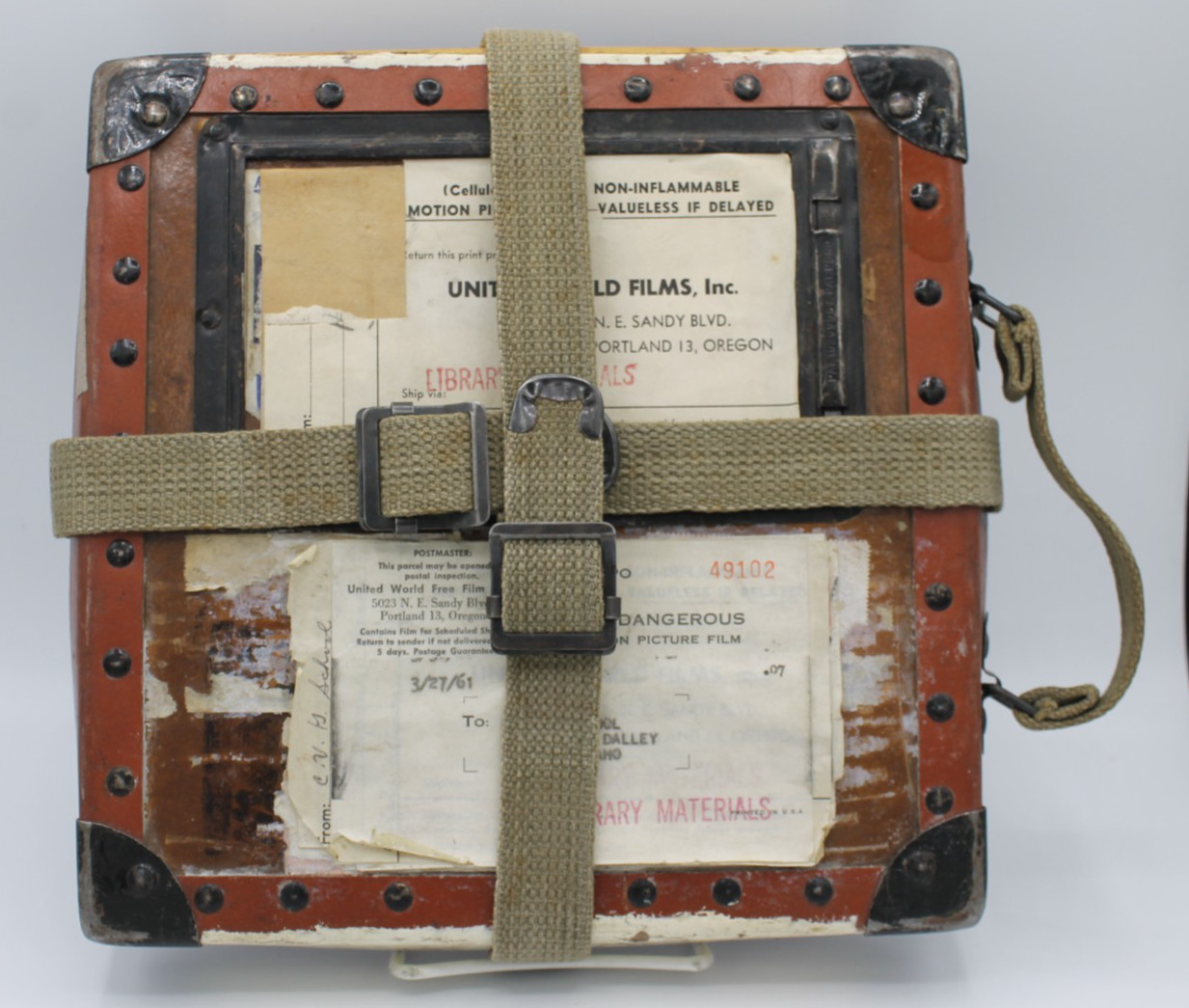 Vintage Film Shipping Box – United World Films – Fiberboard w/ Straps & Handle