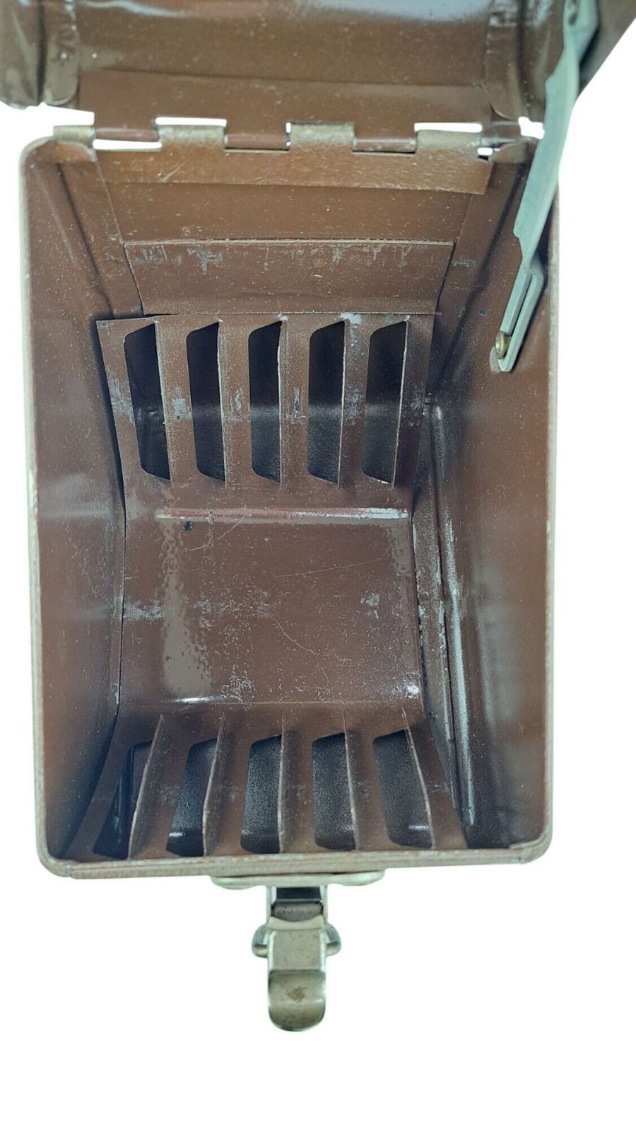 Vintage Simonsen 8mm Film Canister Case Brown Metal Handle Latch Holds 6 Cans