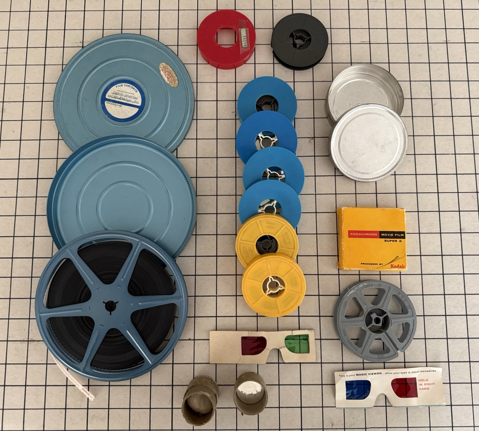 VINTAGE!!! Lot Of (31) Aluminum Embossed Film Canister Cans, Film, Reels +More.